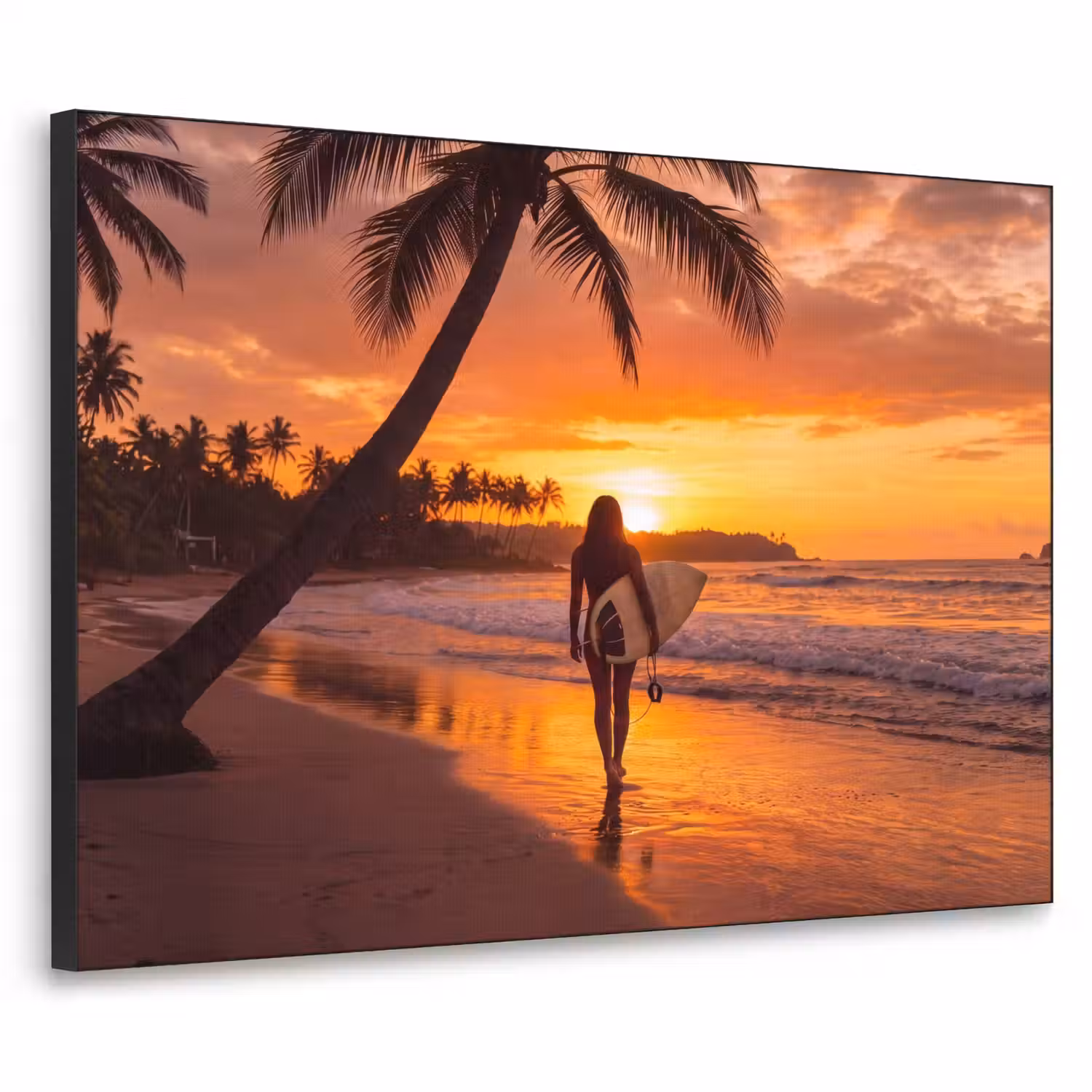 Vrouw - Surfplank - Strand - Zonsondergang - Oranje Textielframe zwart klein -3d