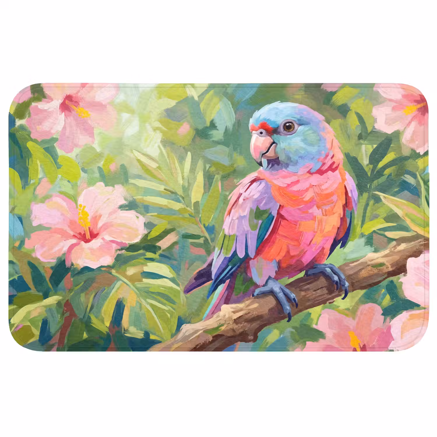 Papagaai - Hibiscusbloemen - Kleurrijk Badmat middel -3d