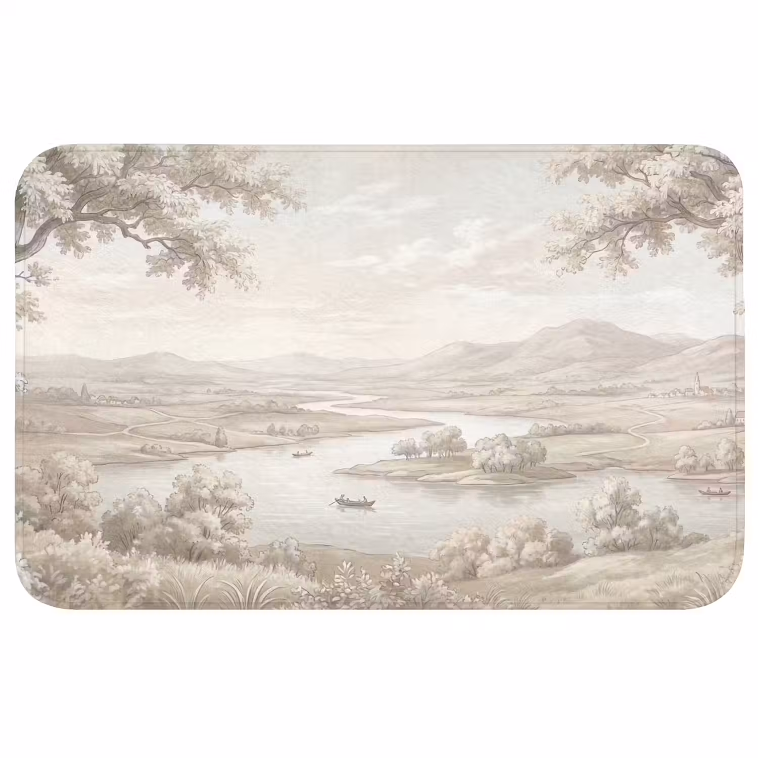 Rivierlandschap - Bergen - Natuur - Vintage - Beige Badmat middel -3d