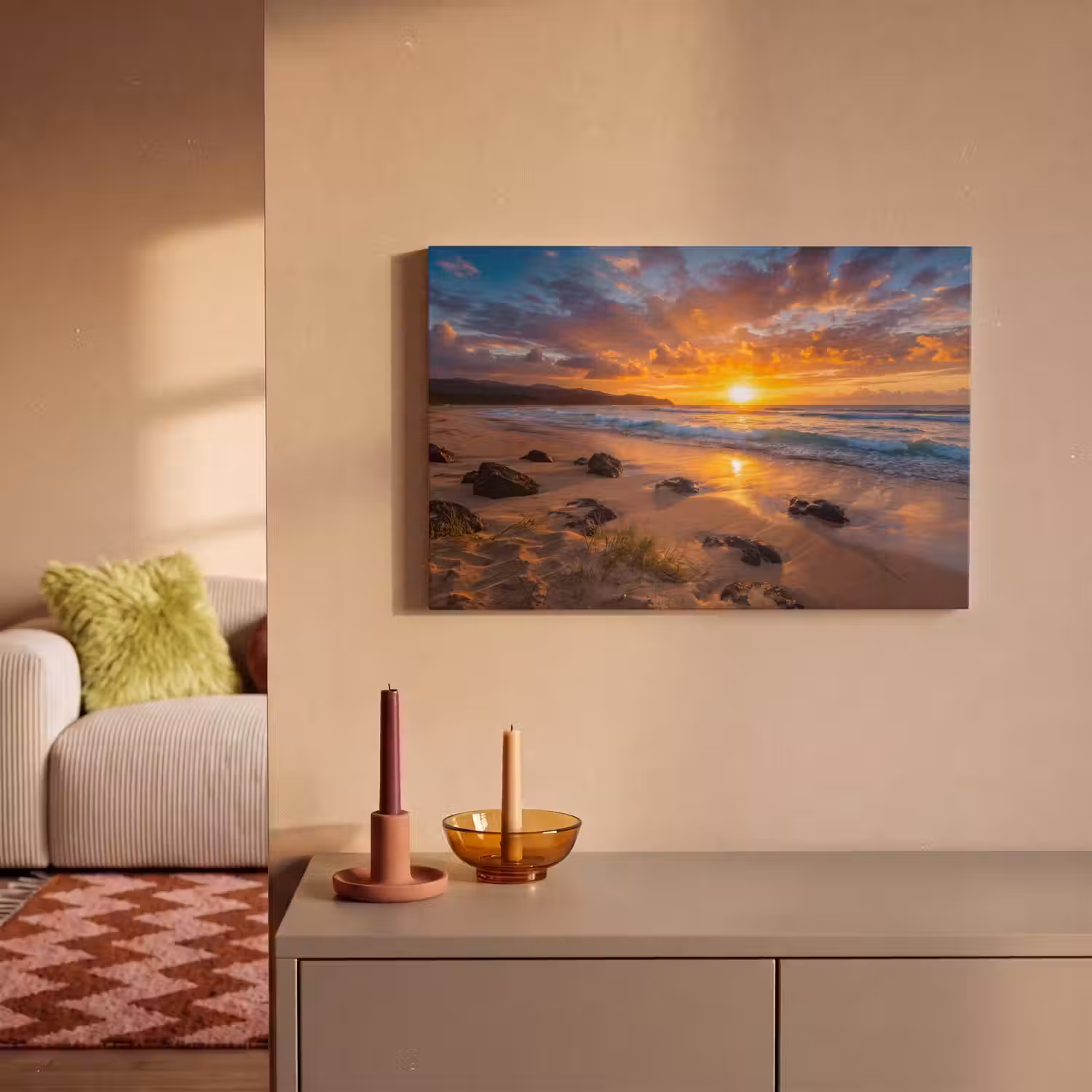 Strand - Zonsondergang - Golven - Natuur - Oranje canvas 2cm klein -sfeer1