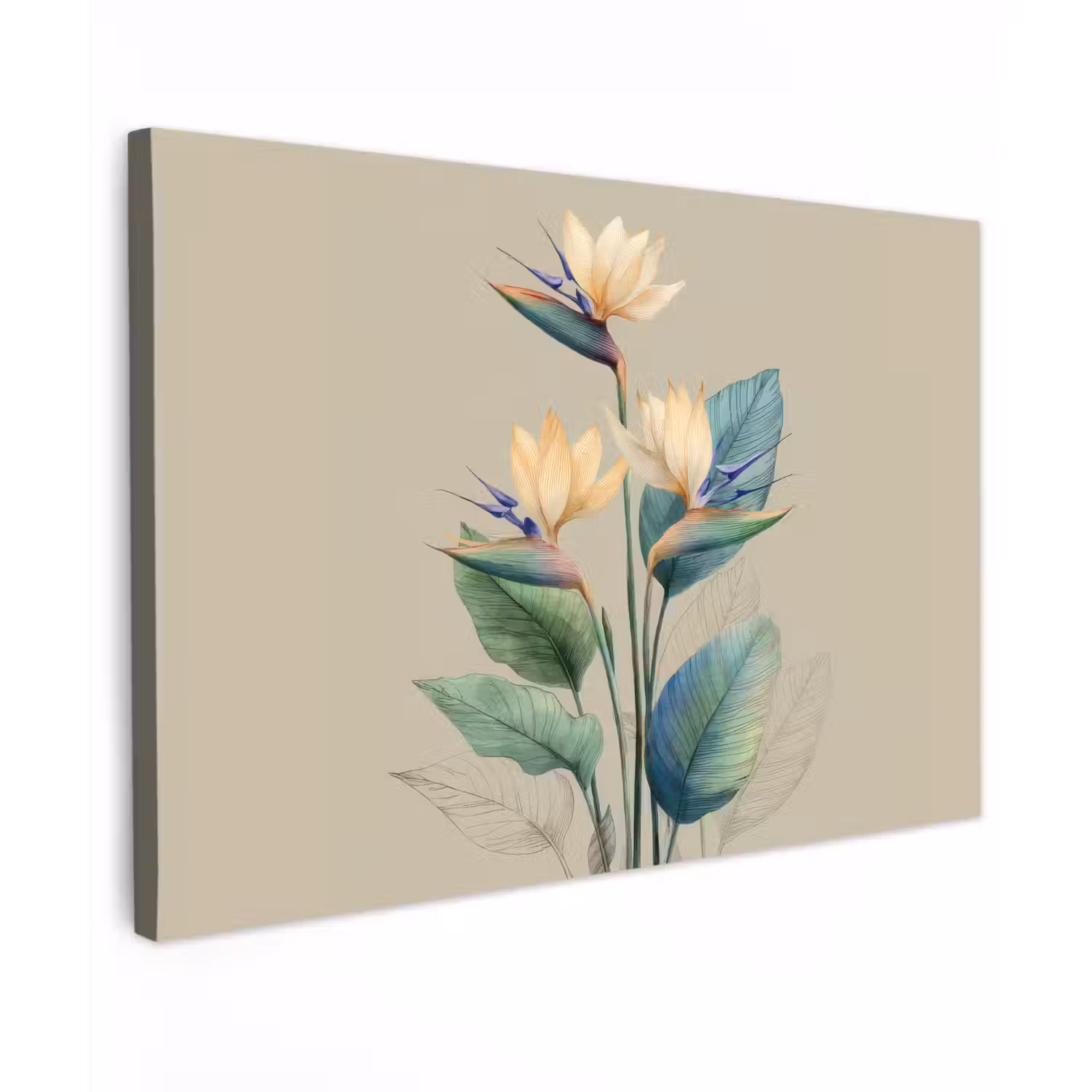 Paradijsvogelbloemen - Blauwgroene bladeren - Beige canvas 2cm klein -z3d