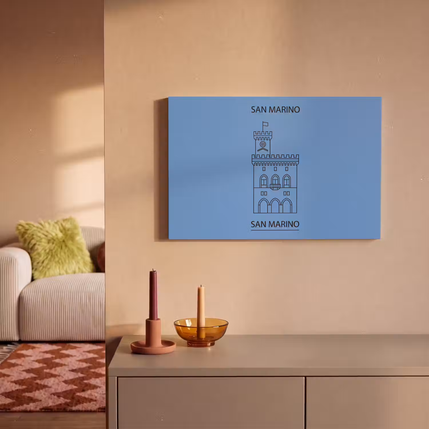 Gebouw - San Marino - Architectuur - Lijntekening - Blauw canvas 2cm klein -sfeer1