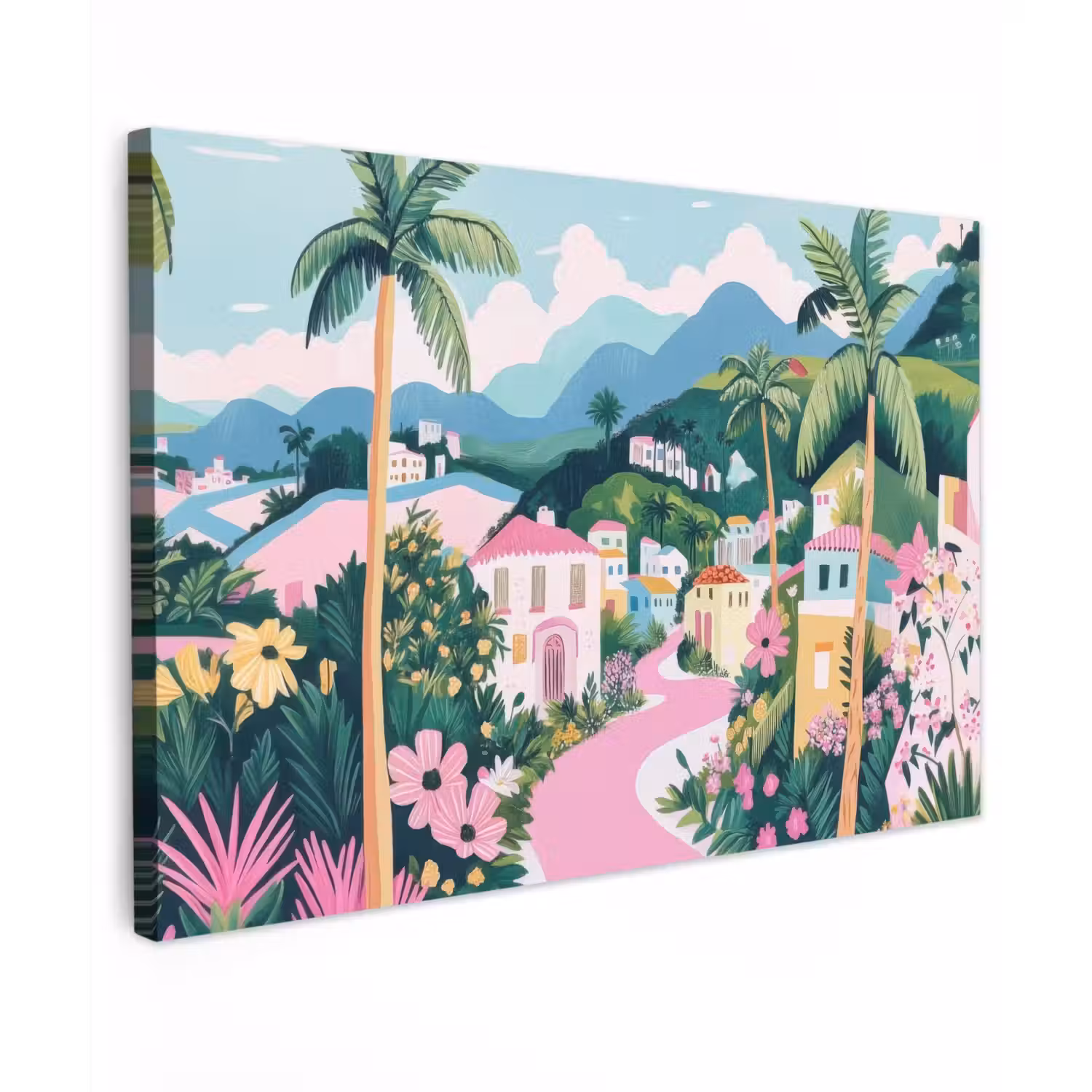 Kleurrijk - Huizen - Heuvels - Roze canvas 2cm klein -z3d