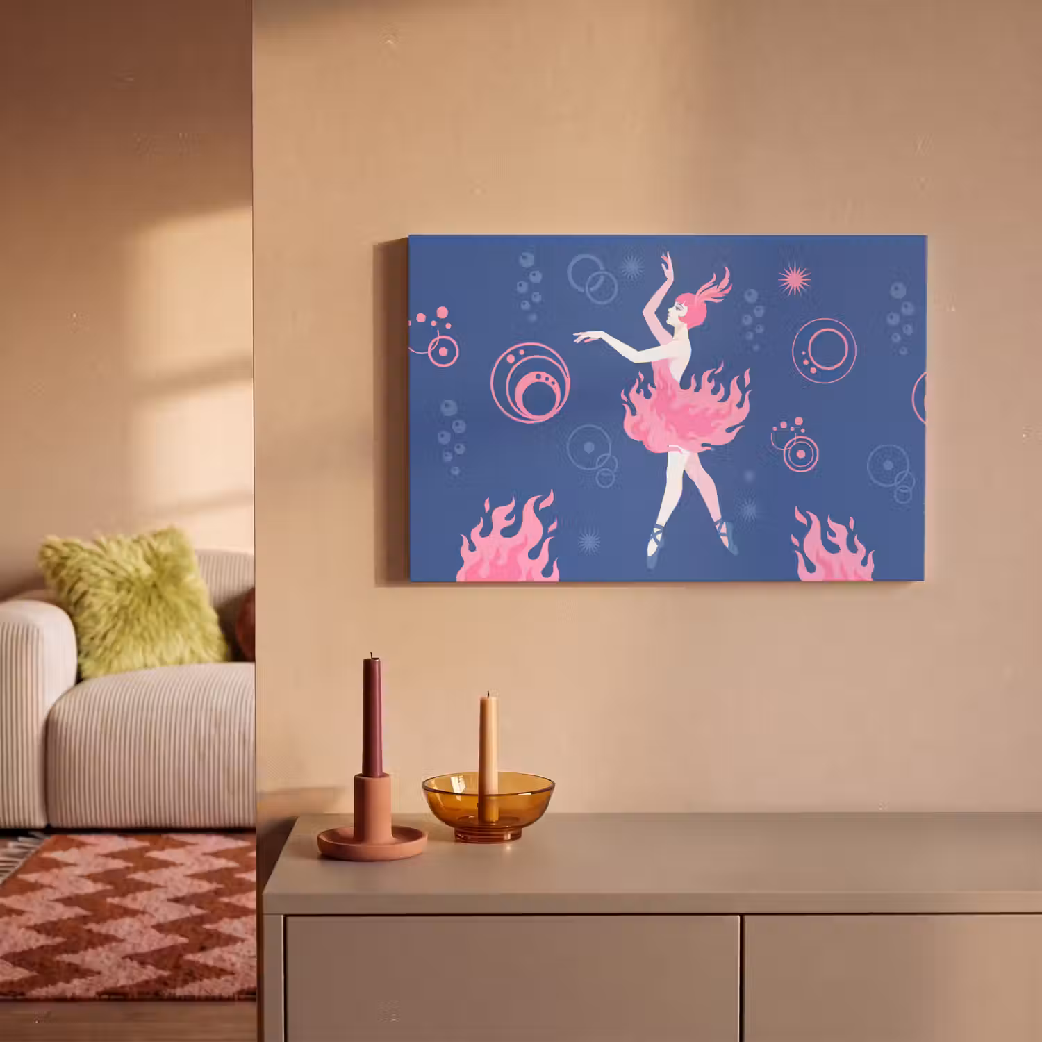 Danseres - Vlammenrok - Abstract - Roze - Blauw canvas 2cm klein -sfeer1