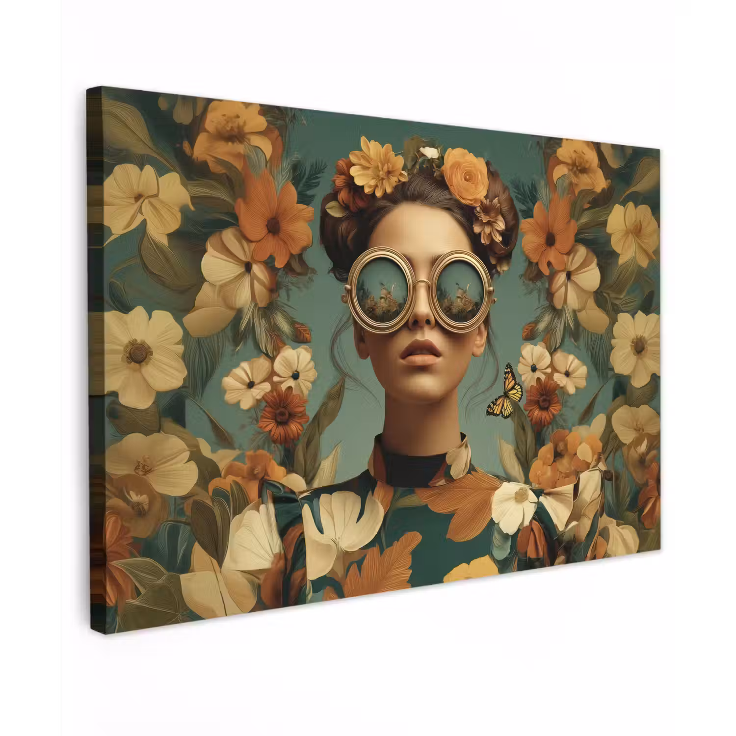 Bloemenkrans - Vrouwengezicht - Zonnebril - Oranje canvas 2cm klein -z3d