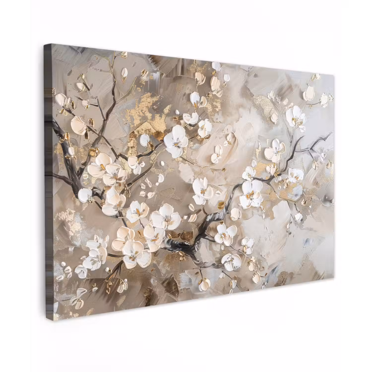Bloemen - Wit - Goud - Beige - Luxe canvas 2cm klein -z3d