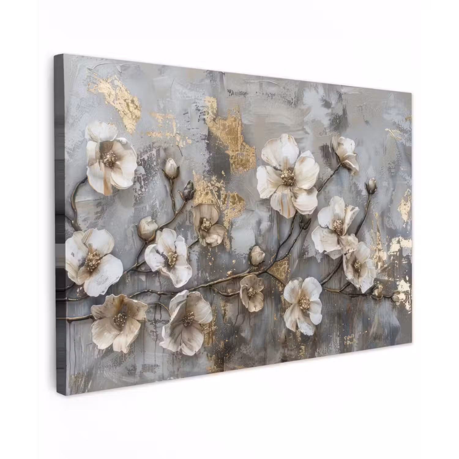 Bloemen - Wit - Grijs - Goud - Luxe canvas 2cm klein -z3d