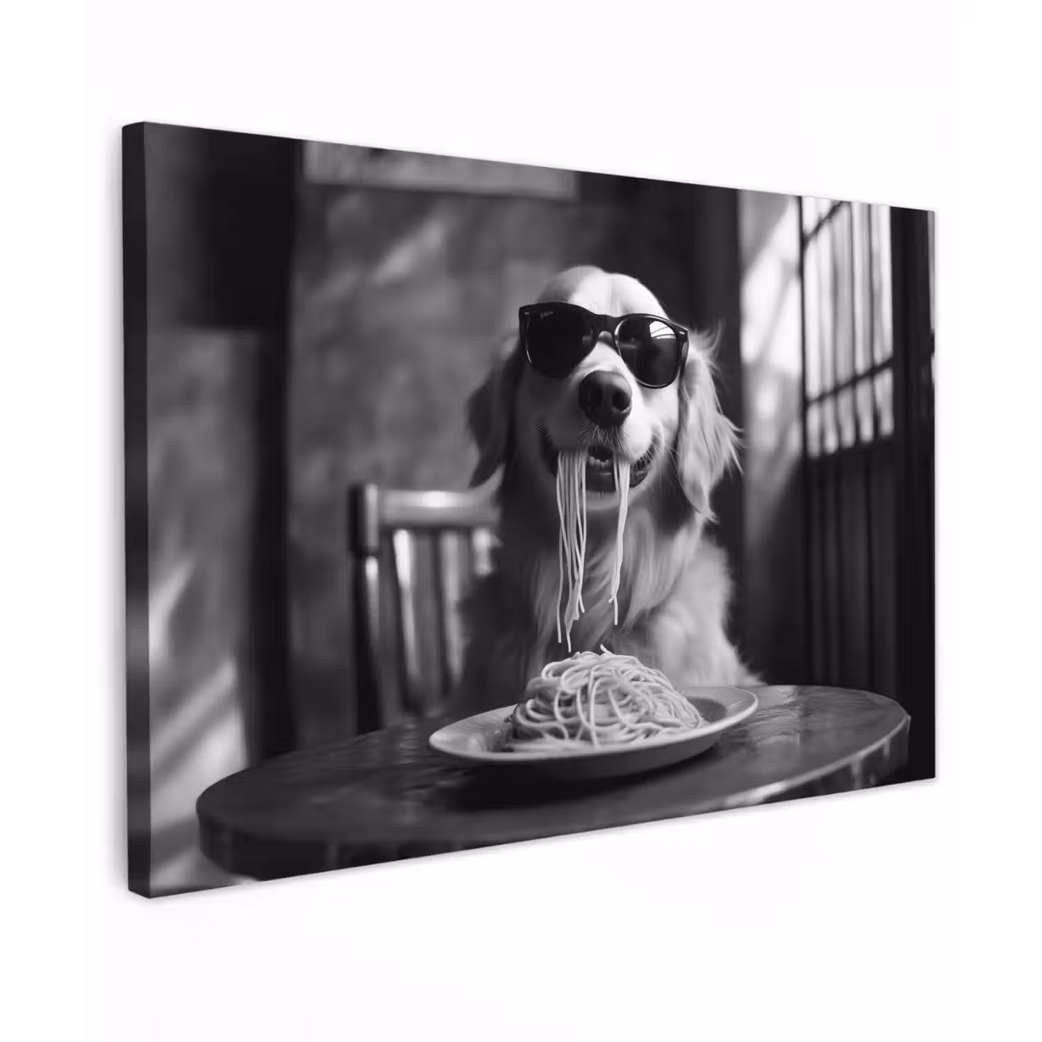 Golden Retriever - Hond - Vrolijk - Bord spaghetti - Zwart - wit canvas 2cm klein -z3d