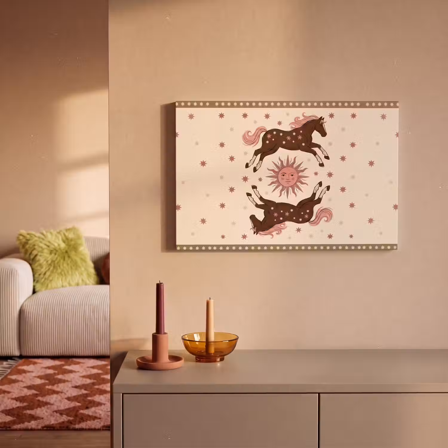 Paard - Zon - Mystiek - Illustratie - Roze canvas 2cm klein -sfeer1
