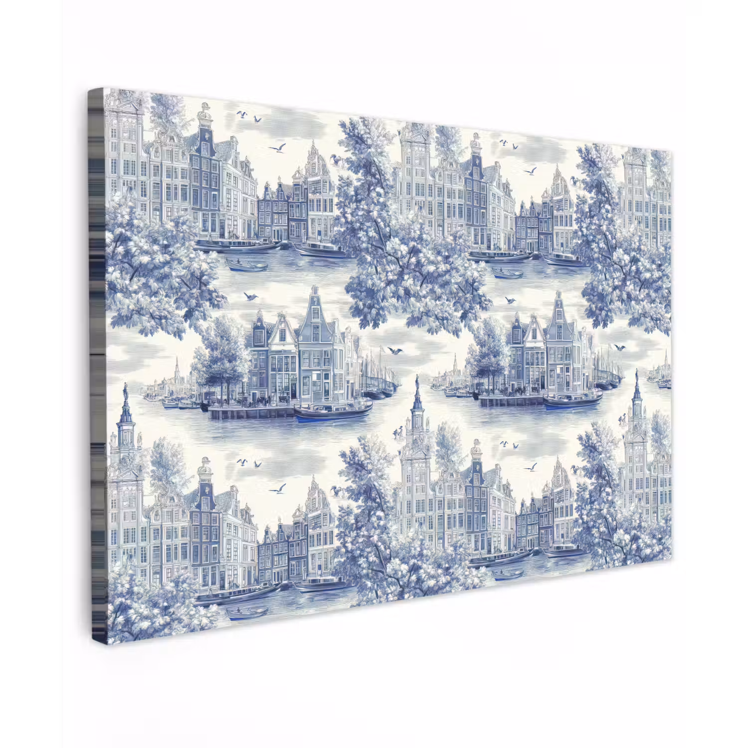Huizen - Bomen - Water - Vogels - Blauw canvas 2cm klein 34 -z3d