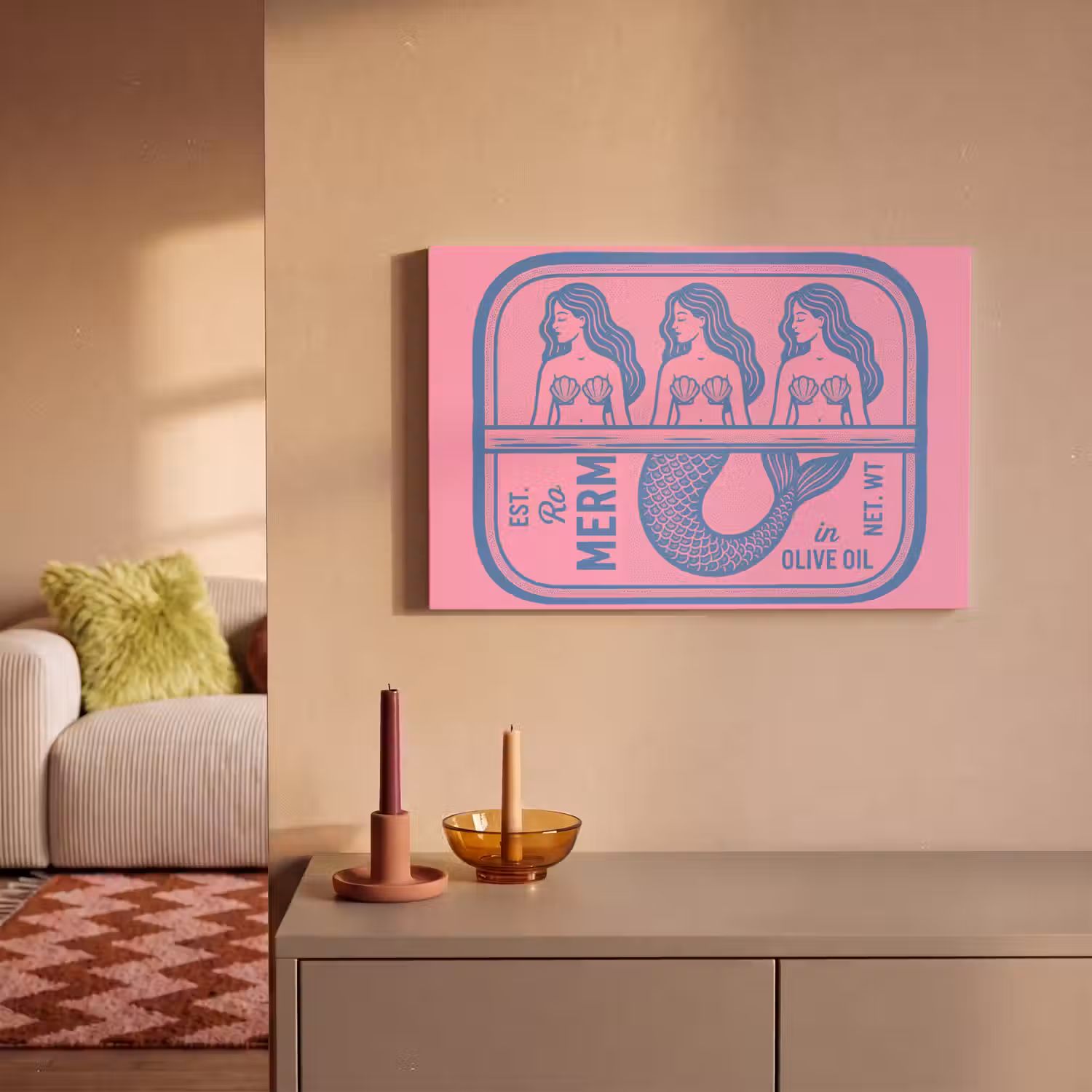 Meermin - Sardineblik - Illustratie - Roze - Retro canvas 2cm klein -sfeer1