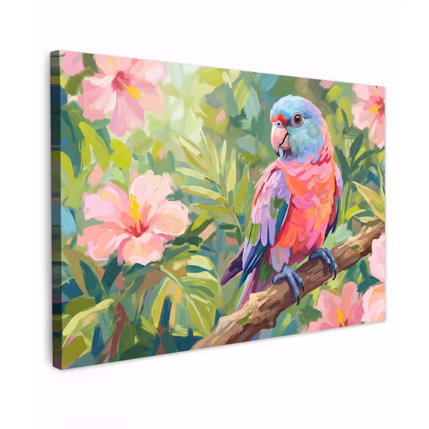 Papagaai - Hibiscusbloemen - Kleurrijk canvas 2cm klein -z3d
