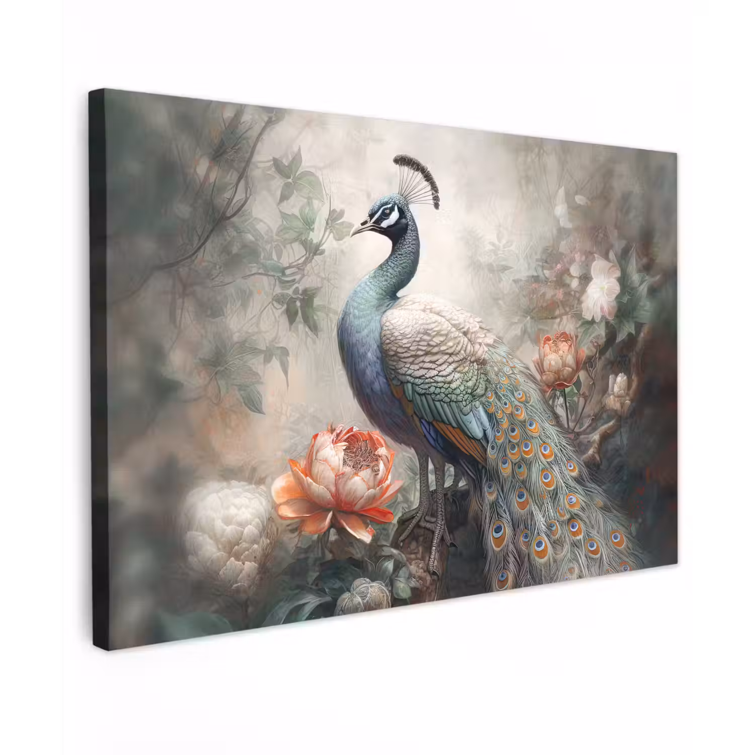 Pauw - Pauwenveren - Vogel - Jungle - Bloemen canvas 2cm klein -z3d