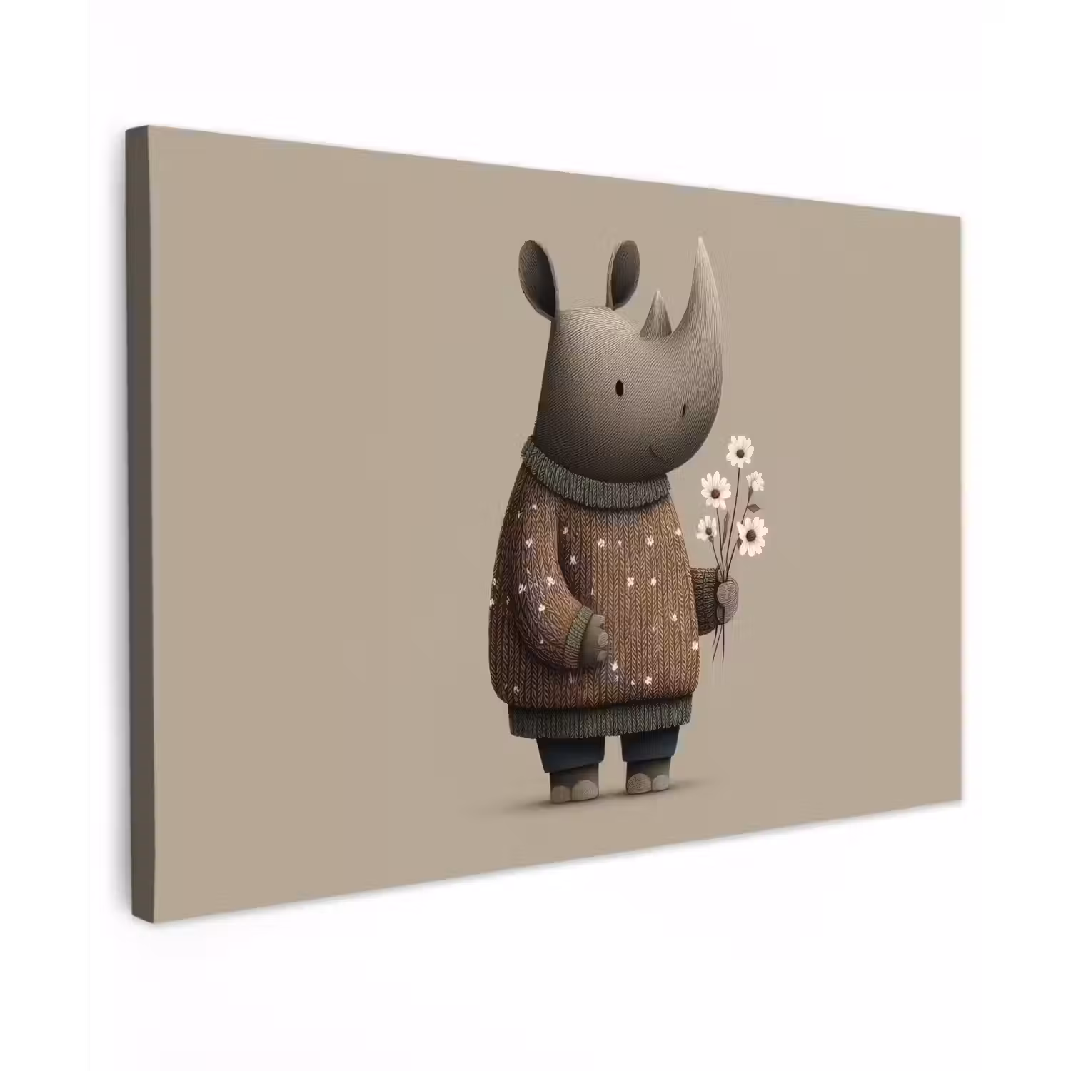 Neushoorn - Witte bloemen - Lief canvas 2cm klein -z3d