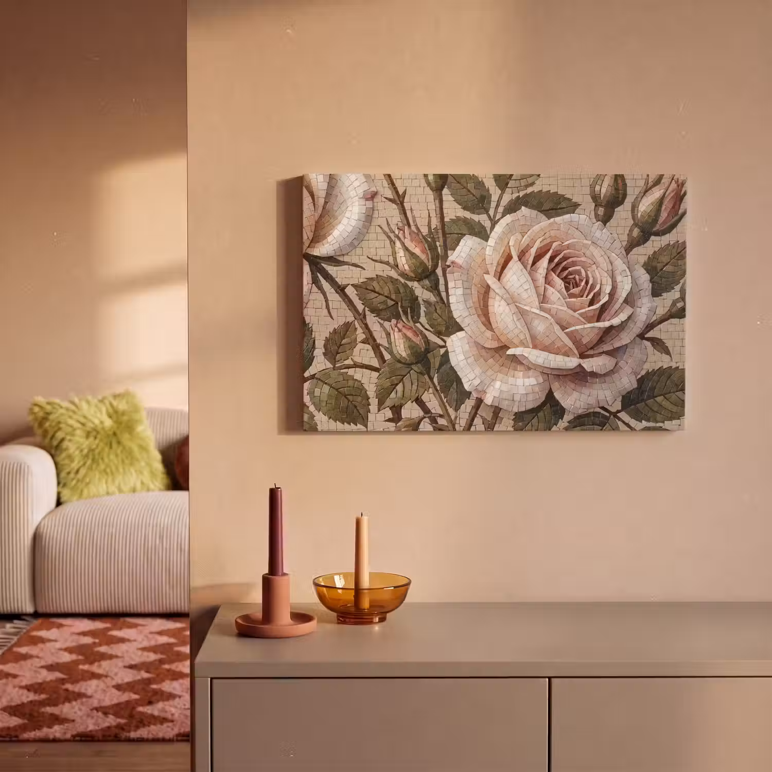Roos - Mozaïek - Bloemen - Klassiek - Beige canvas 2cm klein -sfeer1