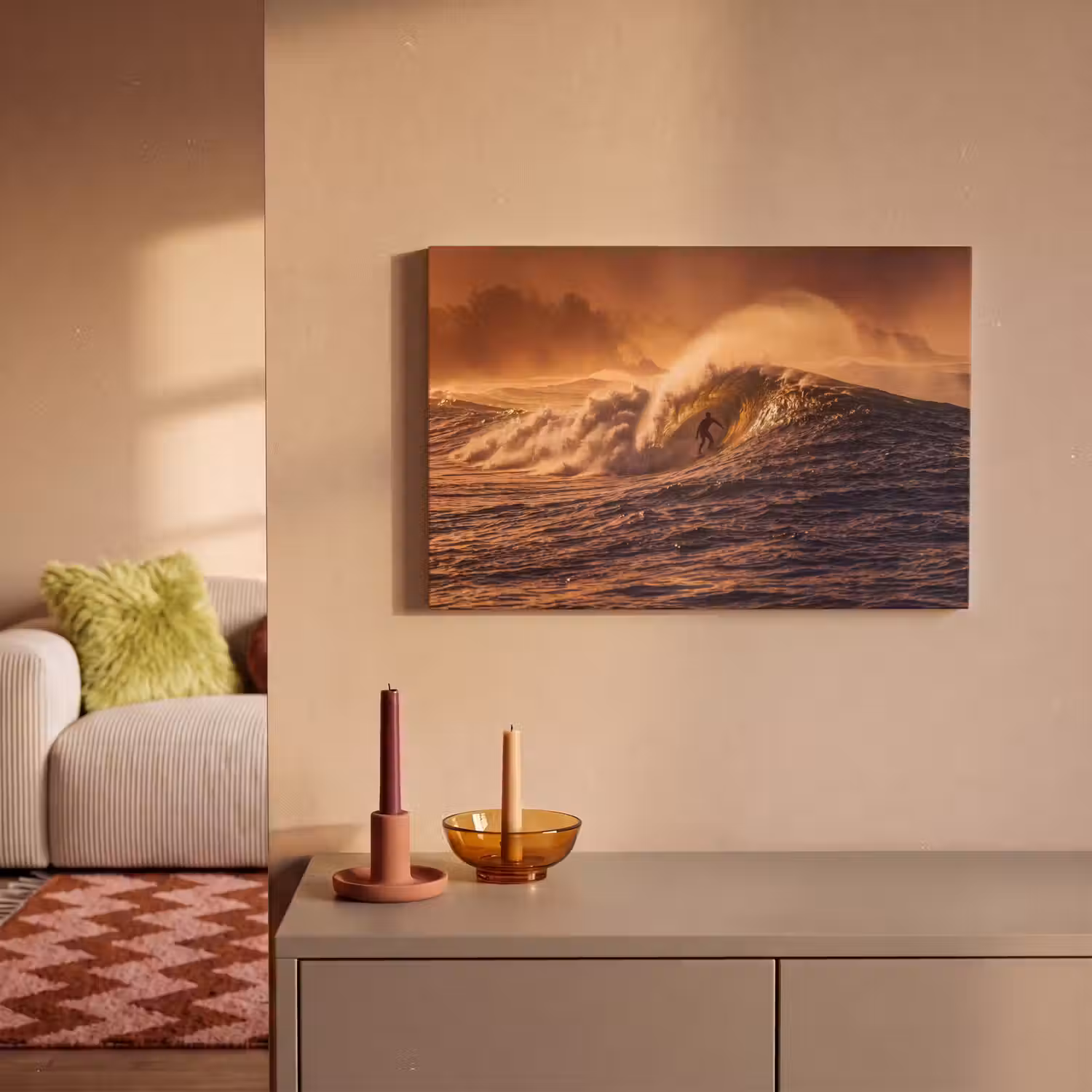 Surfer - Golf - Oceaan - Sport - Oranje canvas 2cm klein -sfeer1
