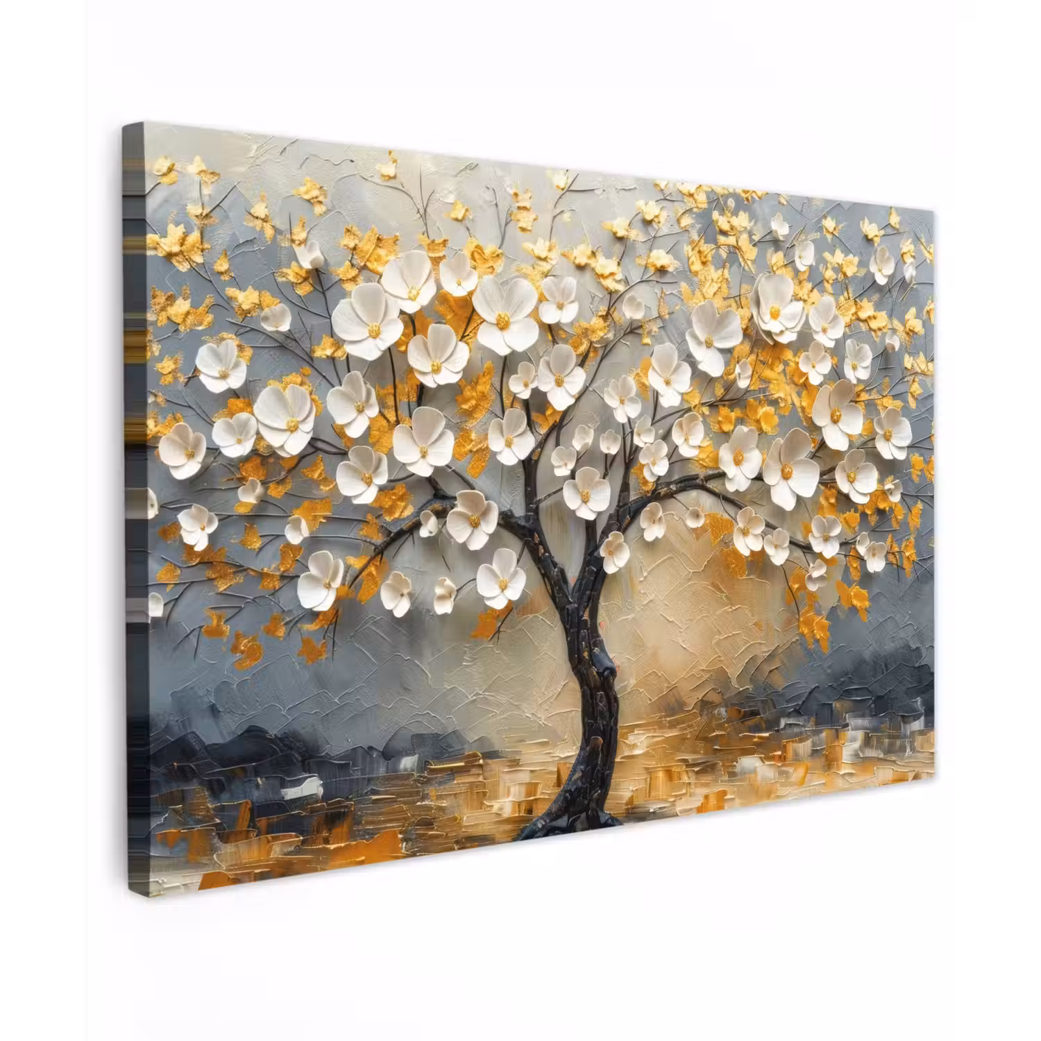 Boom - Bloemen - Goud - Beige canvas 2cm klein -z3d