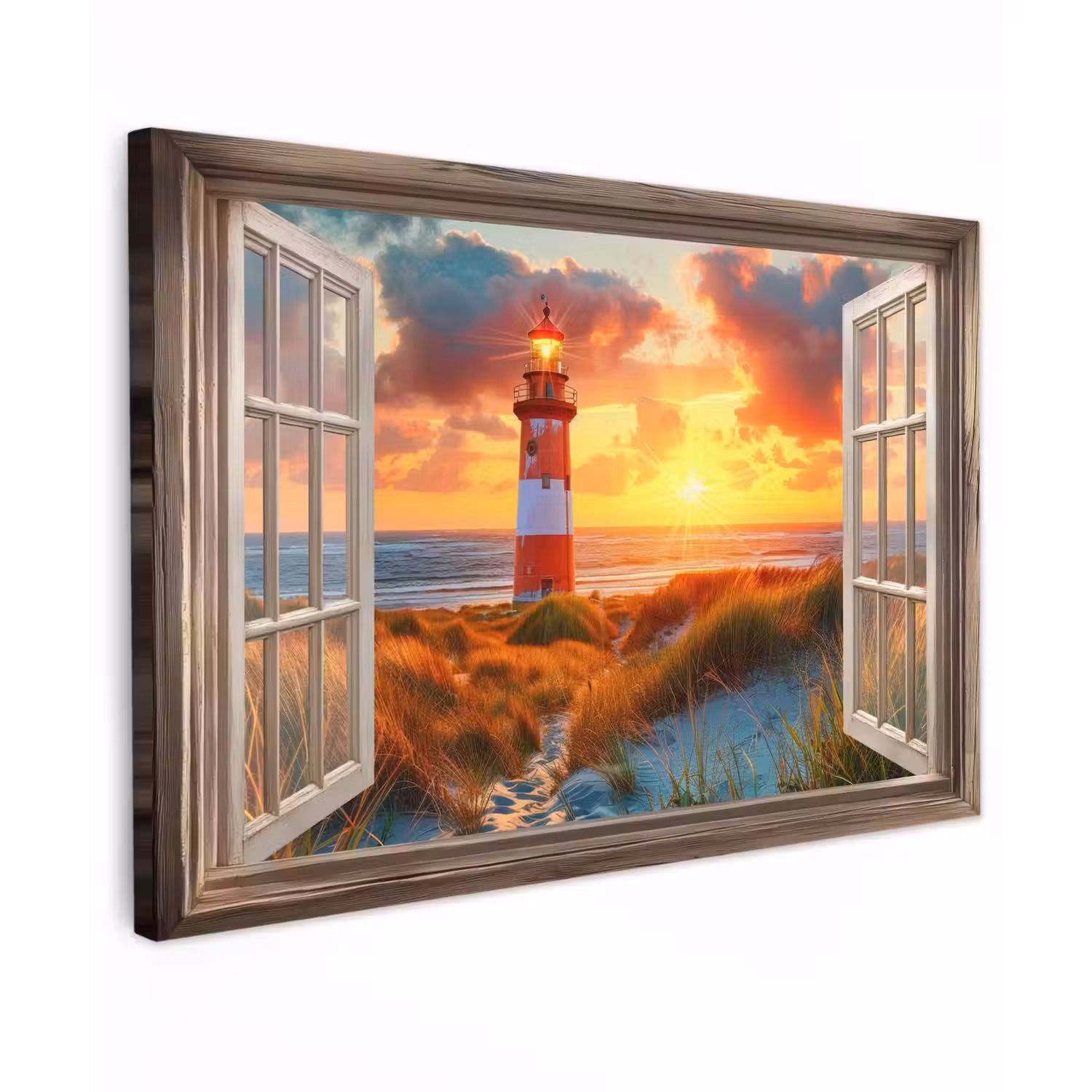 Doorkijk - Raam - Vuurtoren - Zonsondergang - Strand canvas 2cm klein -z3d
