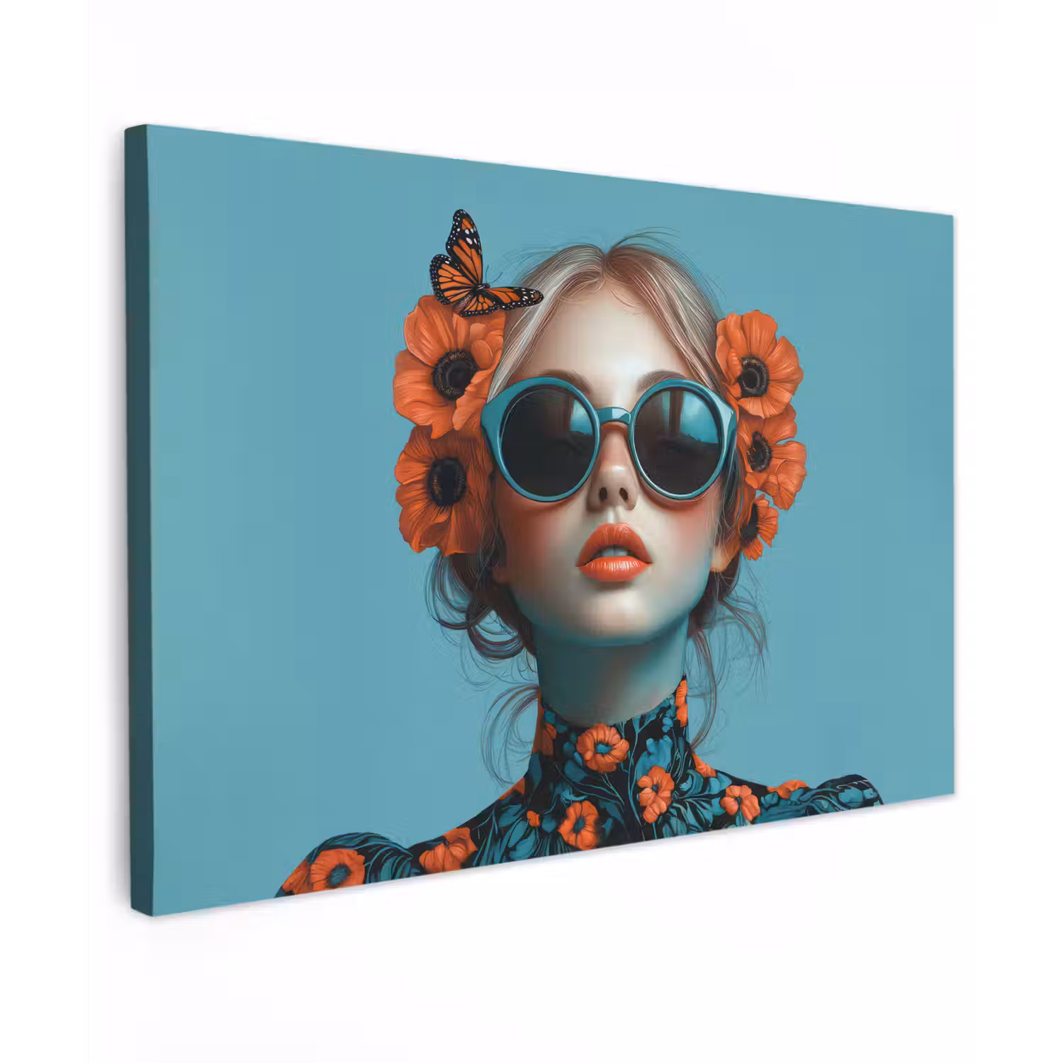 Vrouw - Blauw - Vlinder - Bloemen - Aesthetic canvas 2cm klein -z3d