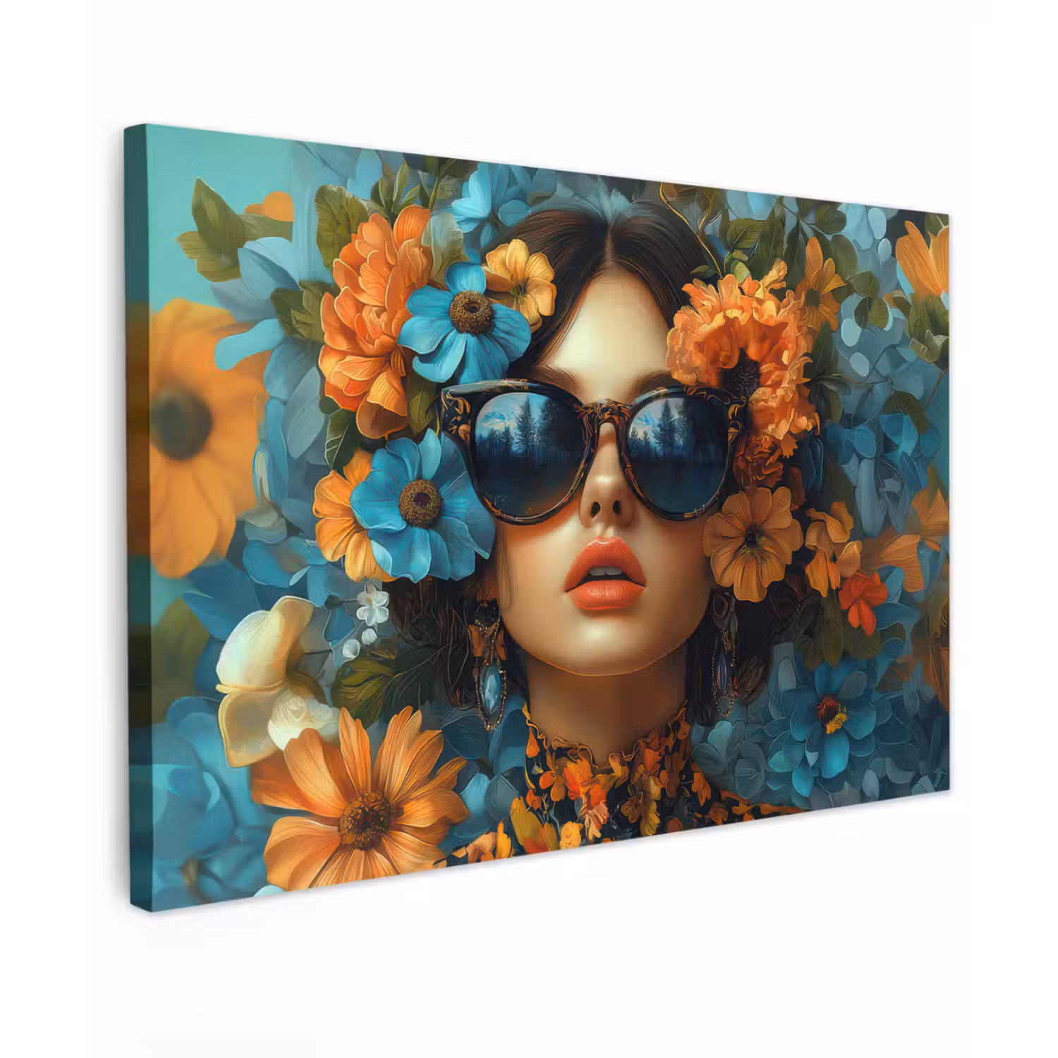 Vrouw - Bloemen - Oranje - Blauw - Modern canvas 2cm klein -z3d