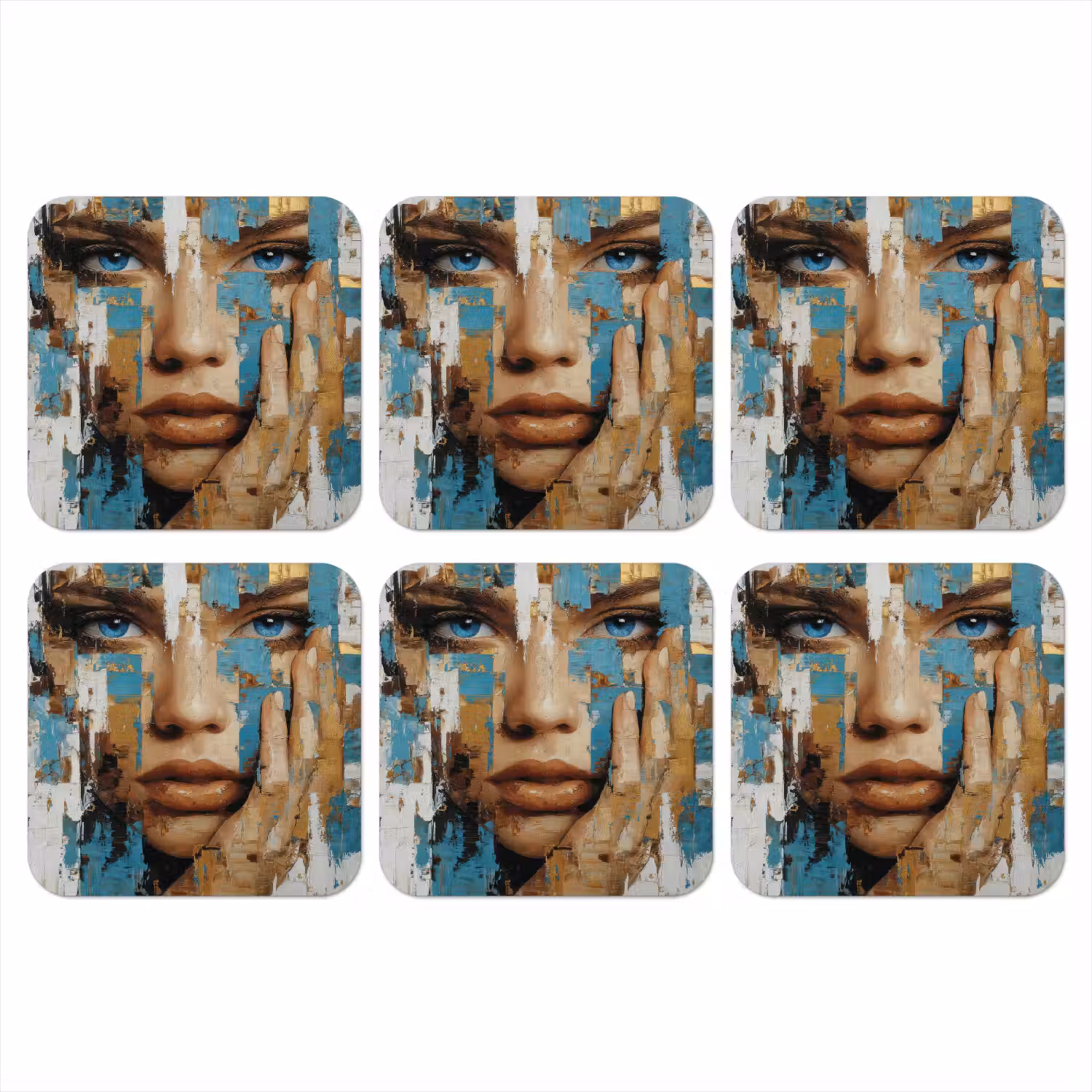 Abstract - Penseelstreken - Blauw - Gezicht onderzetter kurk middel -3d
