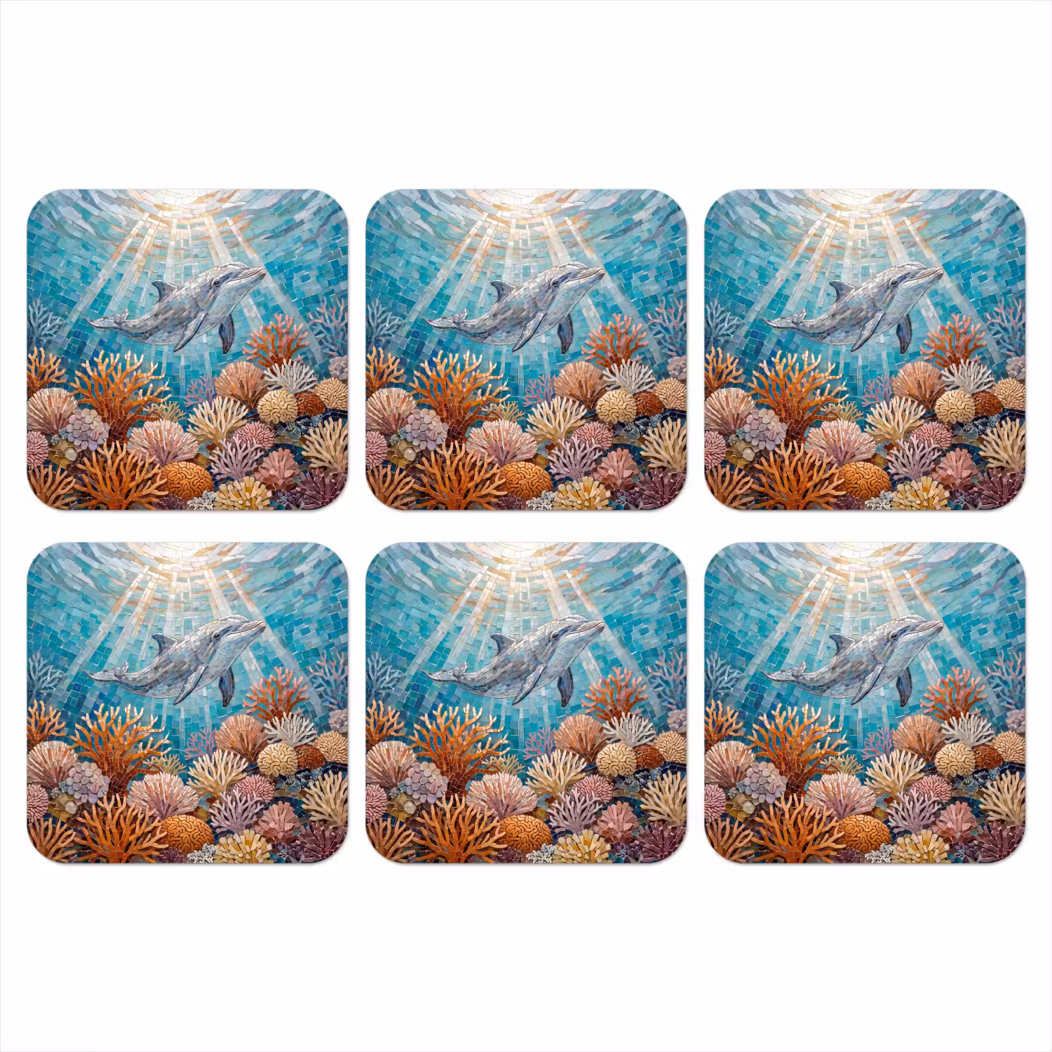 Dieren - Mozaïek - Oceaan - Koraal - Blauw onderzetter kurk middel -3d