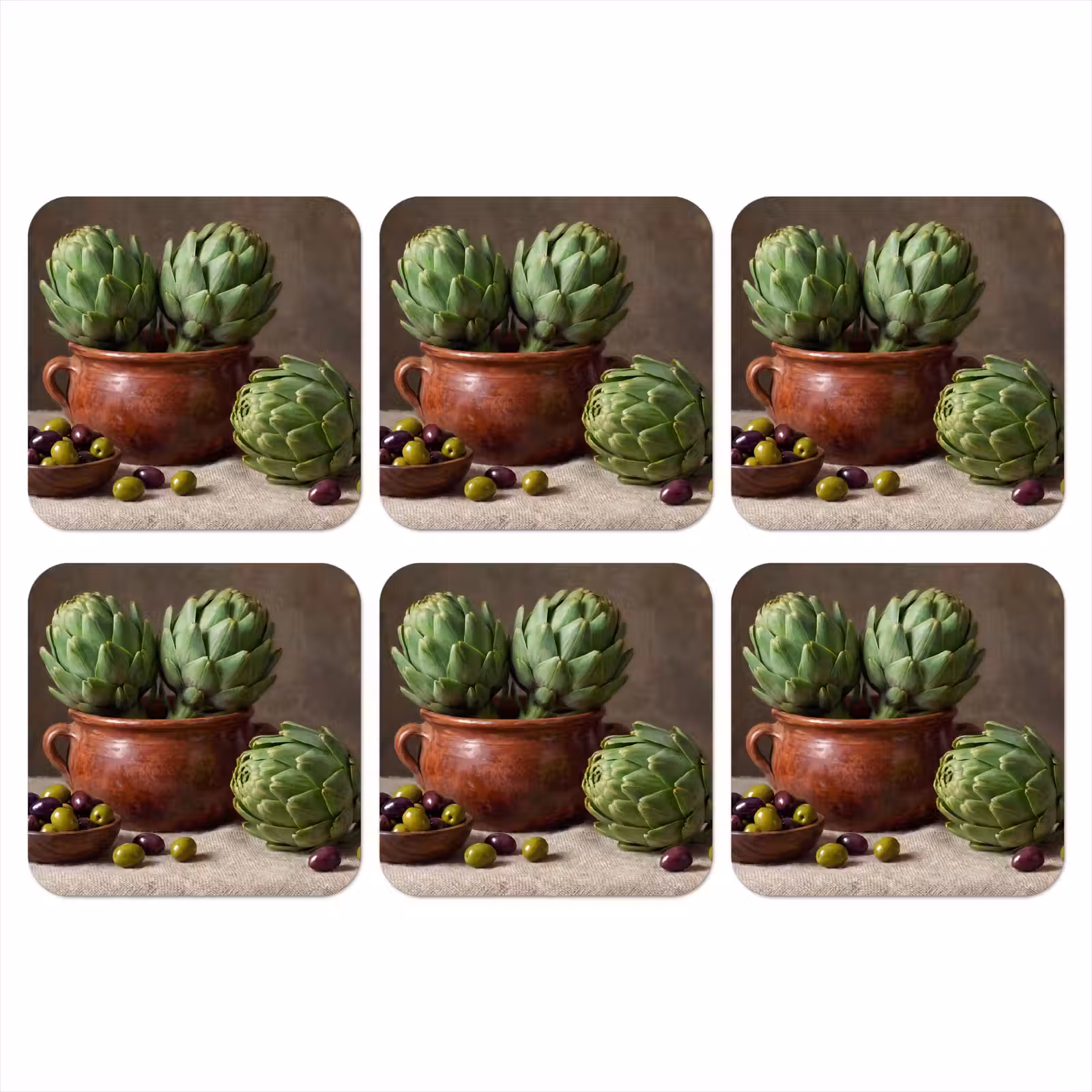Coaster - Artichokes - Olives - Food - Artisjokken - Olijven - Eten onderzetter kurk middel