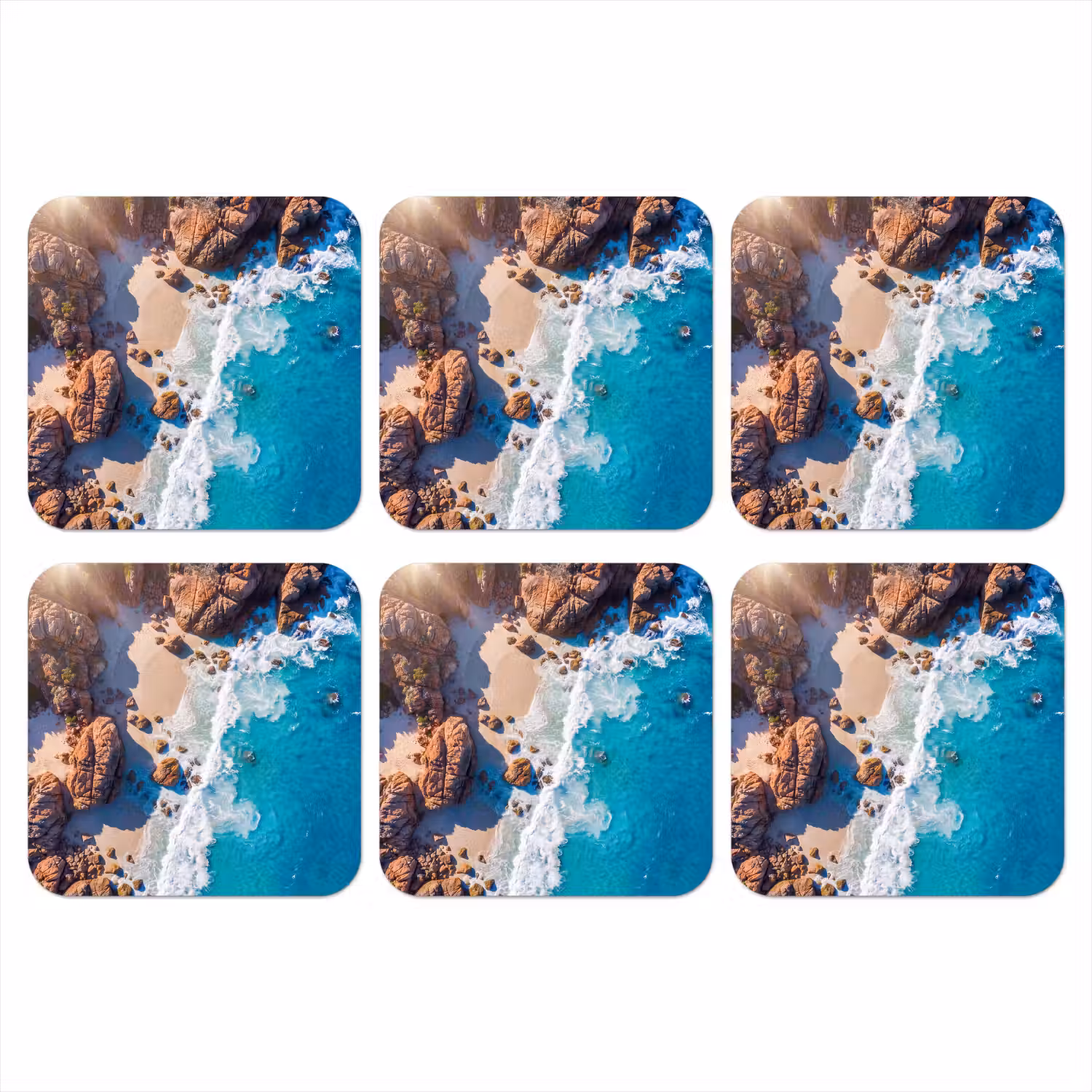 Strand - Zee - Rotsen - Natuur - Blauw onderzetter kurk middel -3d