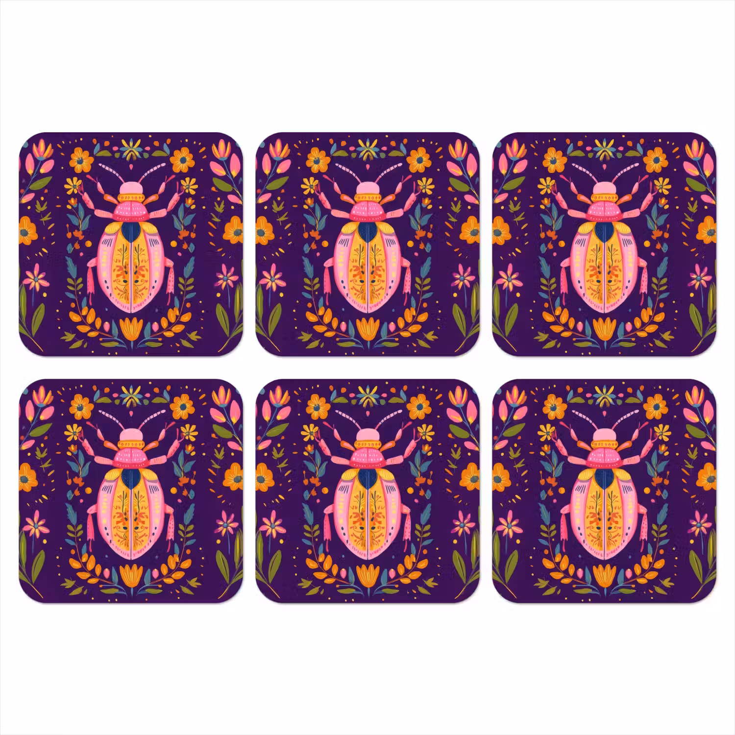 Kever - Felgekleurd - Bloemen - Bladeren onderzetter kurk middel -3d