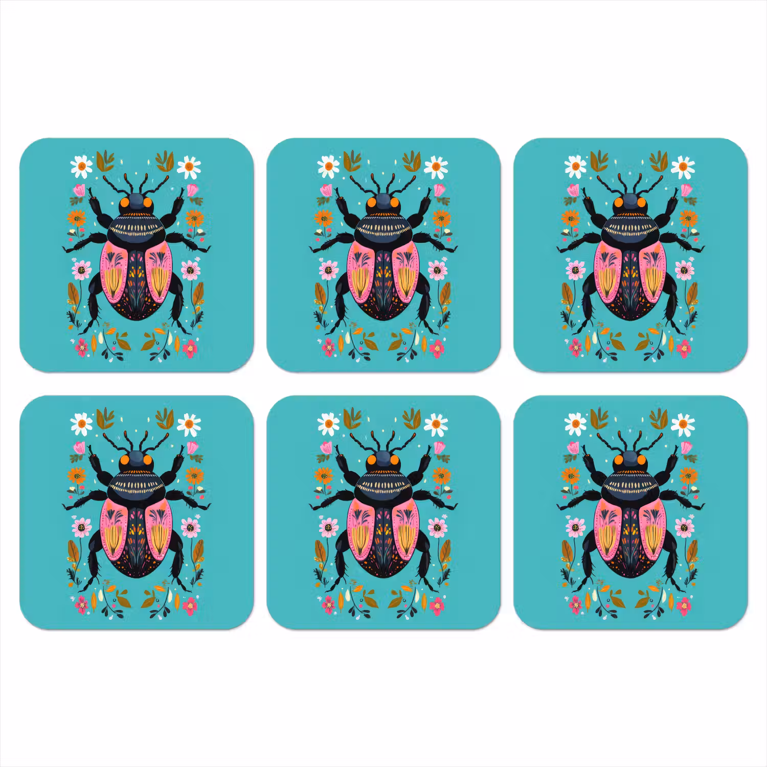 Kever - Bloemmotieven - Turquoise - Bladeren onderzetter kurk middel -3d