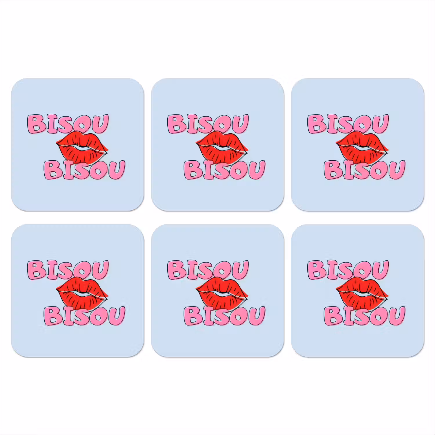 Bisou - Blauw - Roze - Lippen onderzetter kurk middel -3d