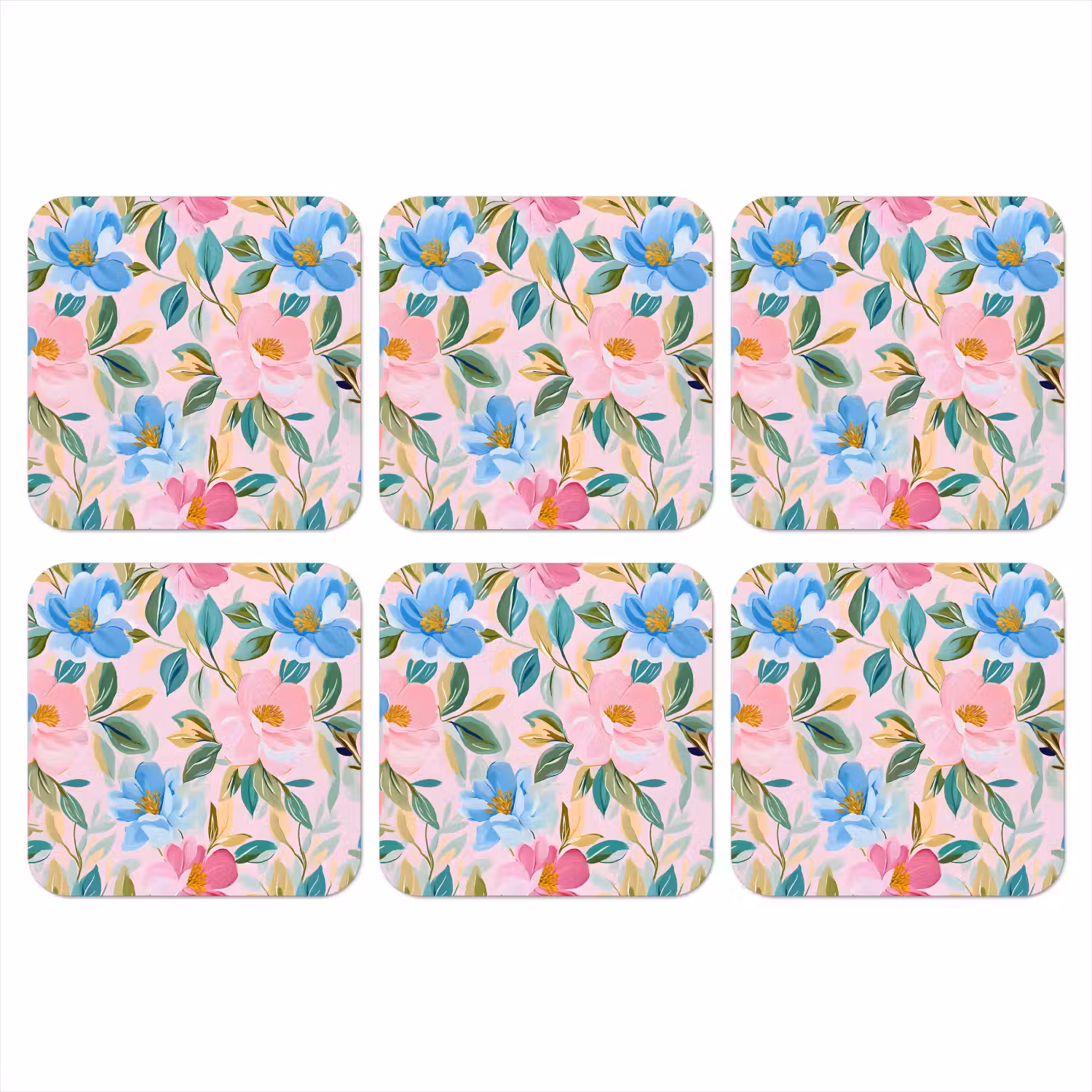 Blauw - Roze - Bloemen onderzetter kurk middel -3d