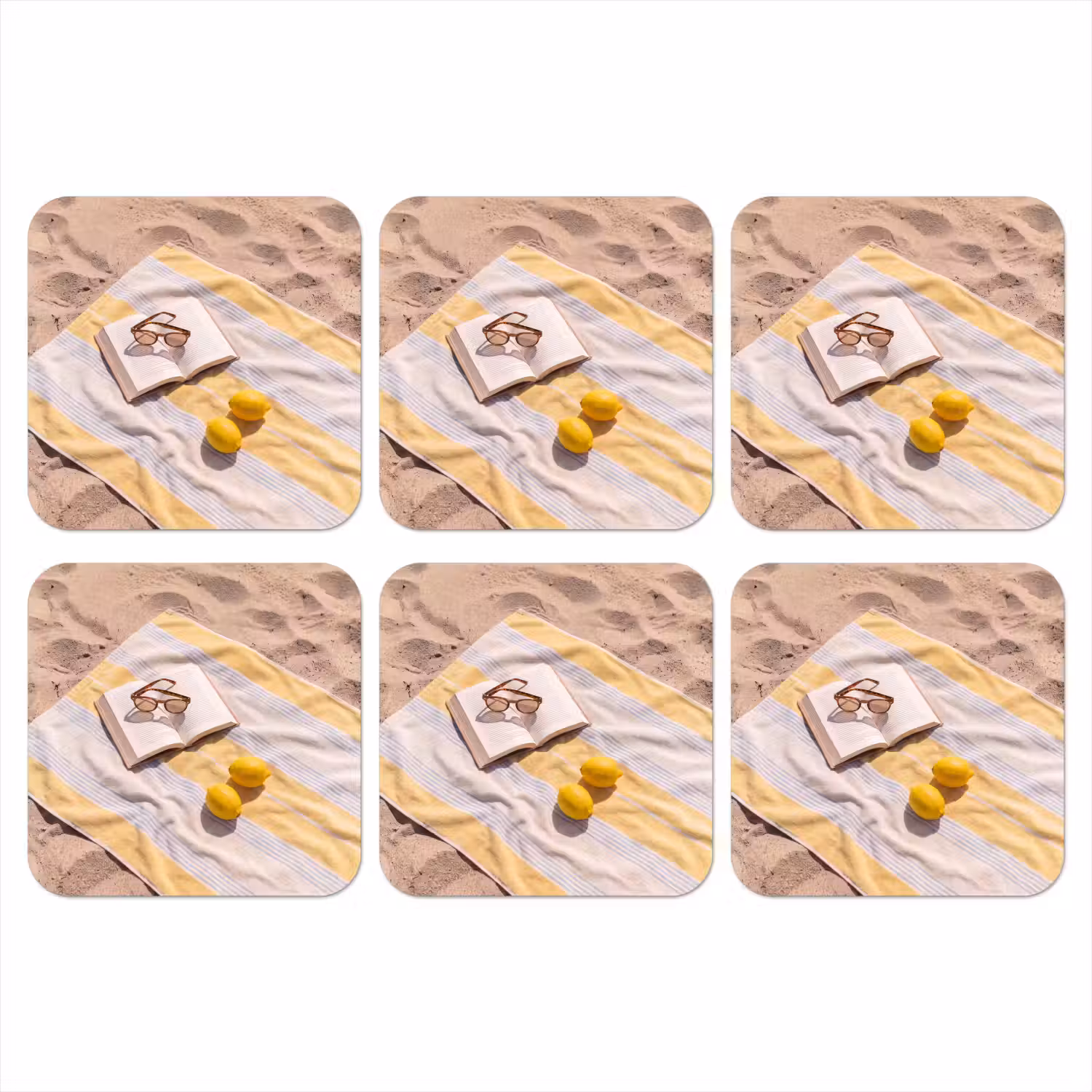 Boek - Zonnebril - Strand - Zomer - Geel onderzetter kurk middel -3d