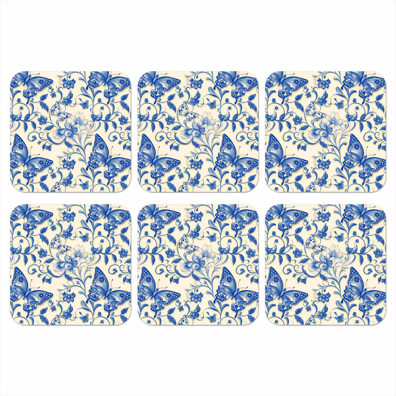 Vlinders - Bloemen - Blauw - Botanisch onderzetter kurk middel 366 -3d