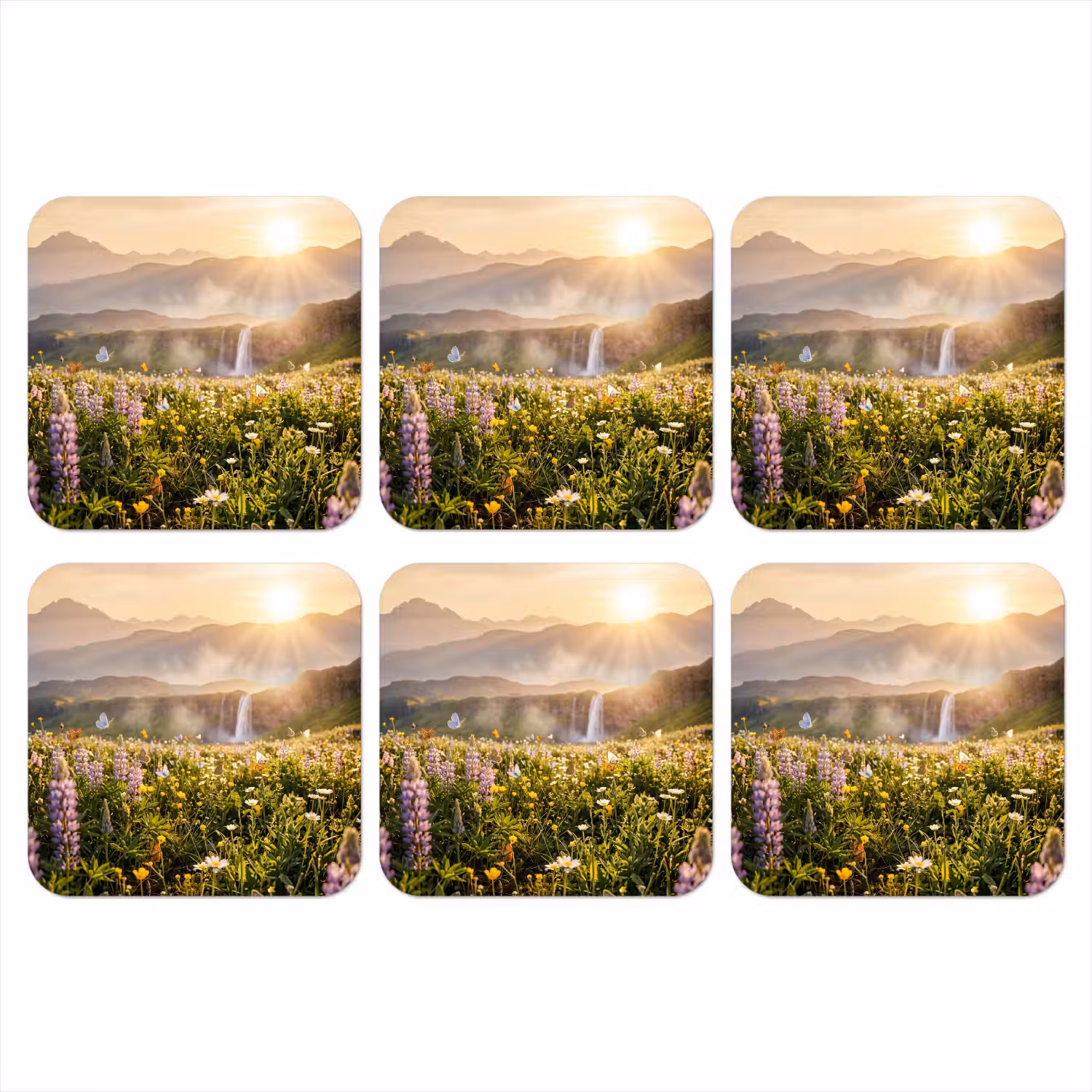 Vlinders - Waterval - Bloemenveld onderzetter kurk middel -3d