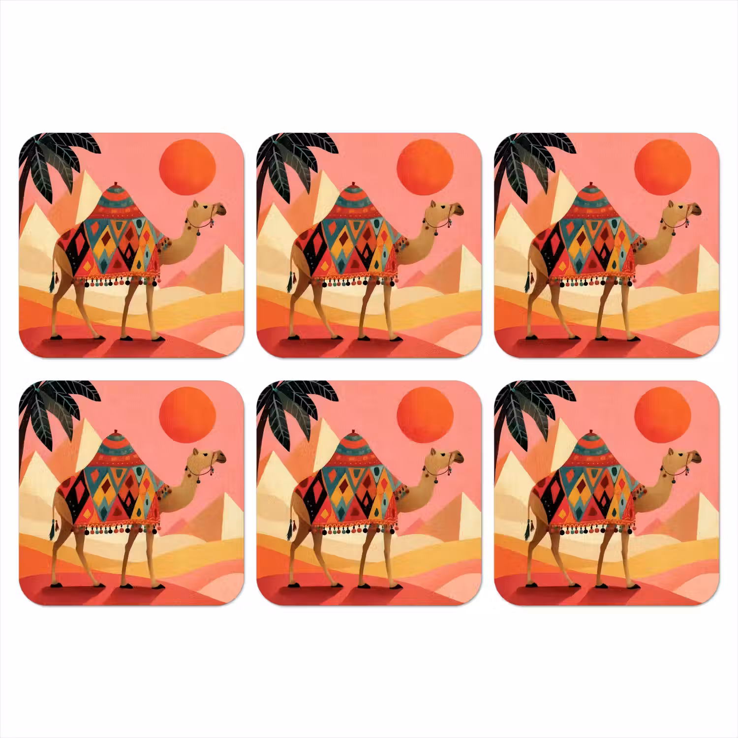 Kameel - Pyramides - Rode zon onderzetter kurk middel -3d