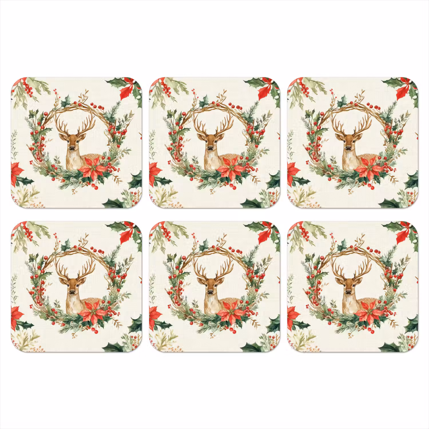 Kerstkrans - Hert - Hulst - Rood onderzetter kurk middel -3d