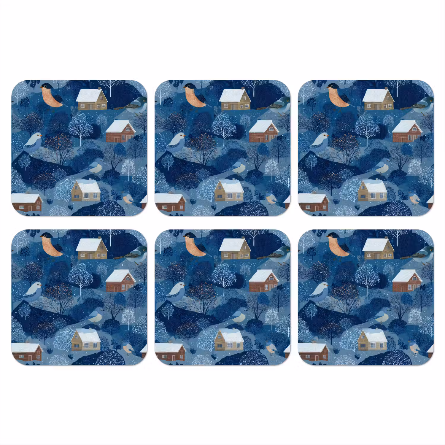 Huisjes - Vogels - Sneeuw - Winter - Blauw onderzetter kurk middel 366 -3d