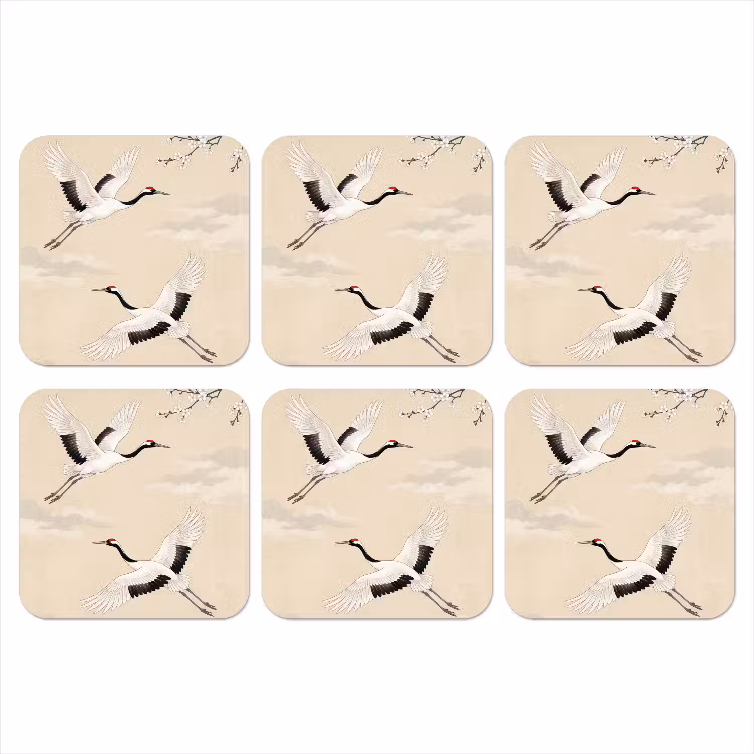 Kraanvogels - Bloesem - Beige onderzetter kurk middel -3d