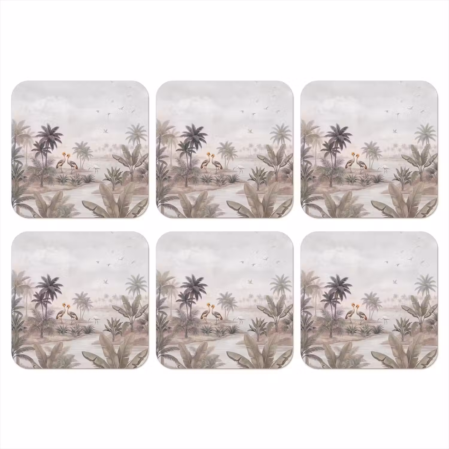 Kraanvogels - Palmbomen - Tropisch onderzetter kurk middel -3d