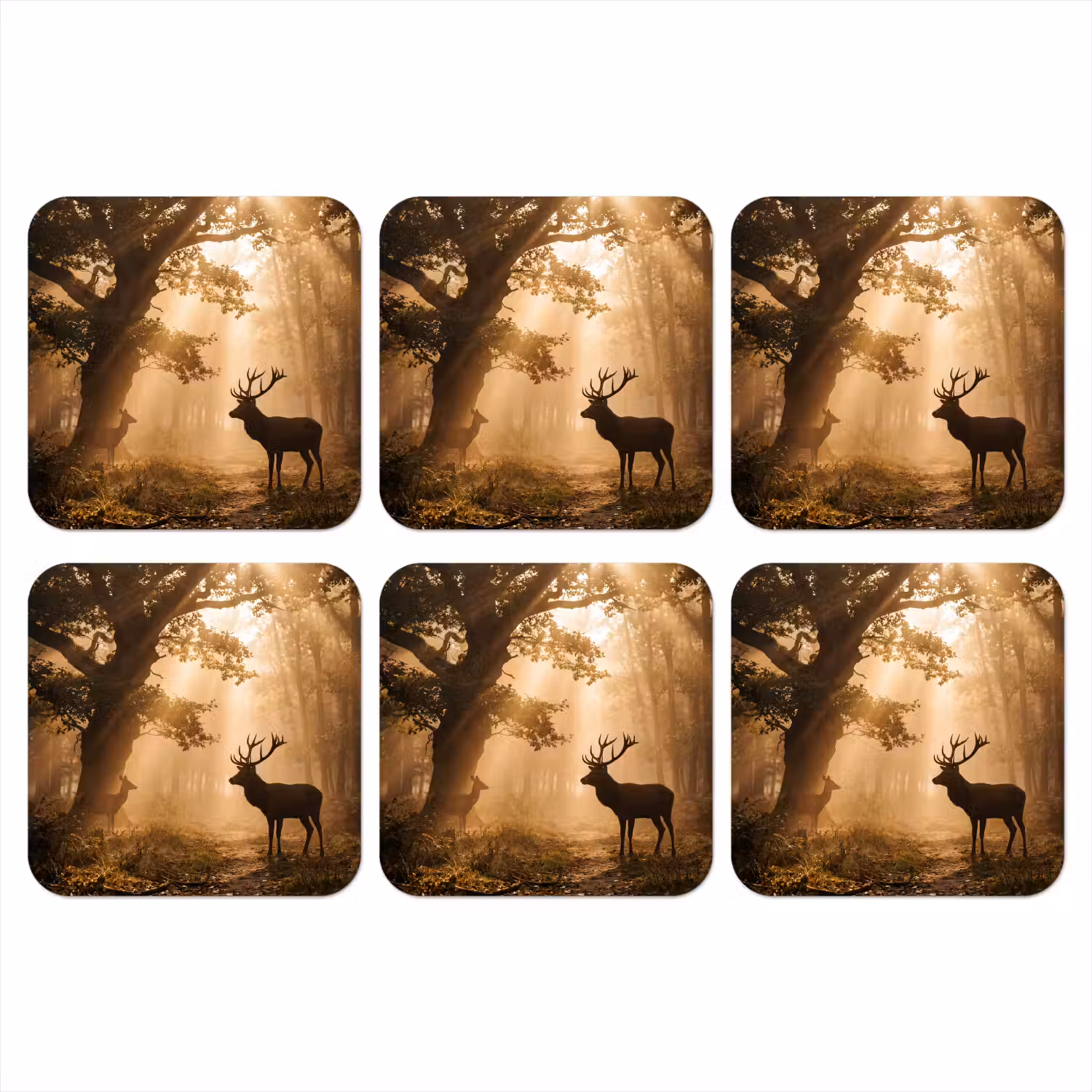 Hert - Bos - Mistig - Natuur - Goud onderzetter kurk middel -3d