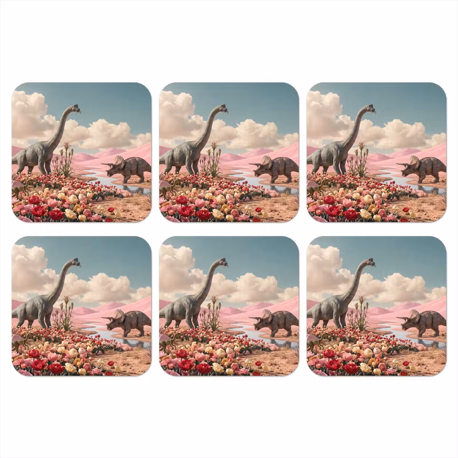 Coaster - Dinosaur - Pink - Landscape - Dinosaurus - Roze - Landschap onderzetter kurk middel