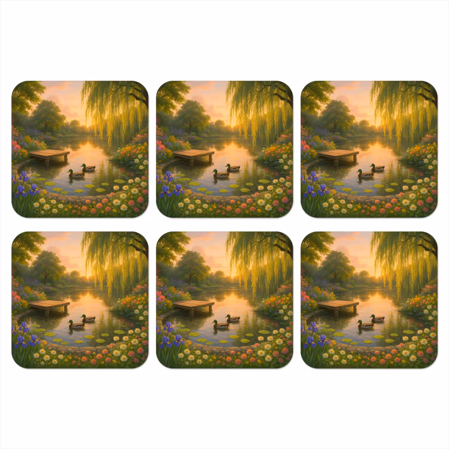 Eenden - Vijver - Bloemen onderzetter kurk middel -3d