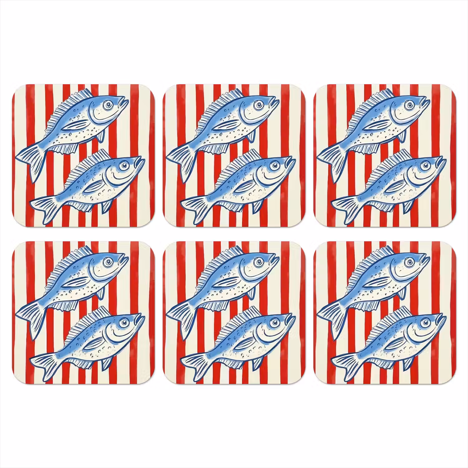 Vissen - Verticale strepen - Blauw - Rood onderzetter kurk middel -3d
