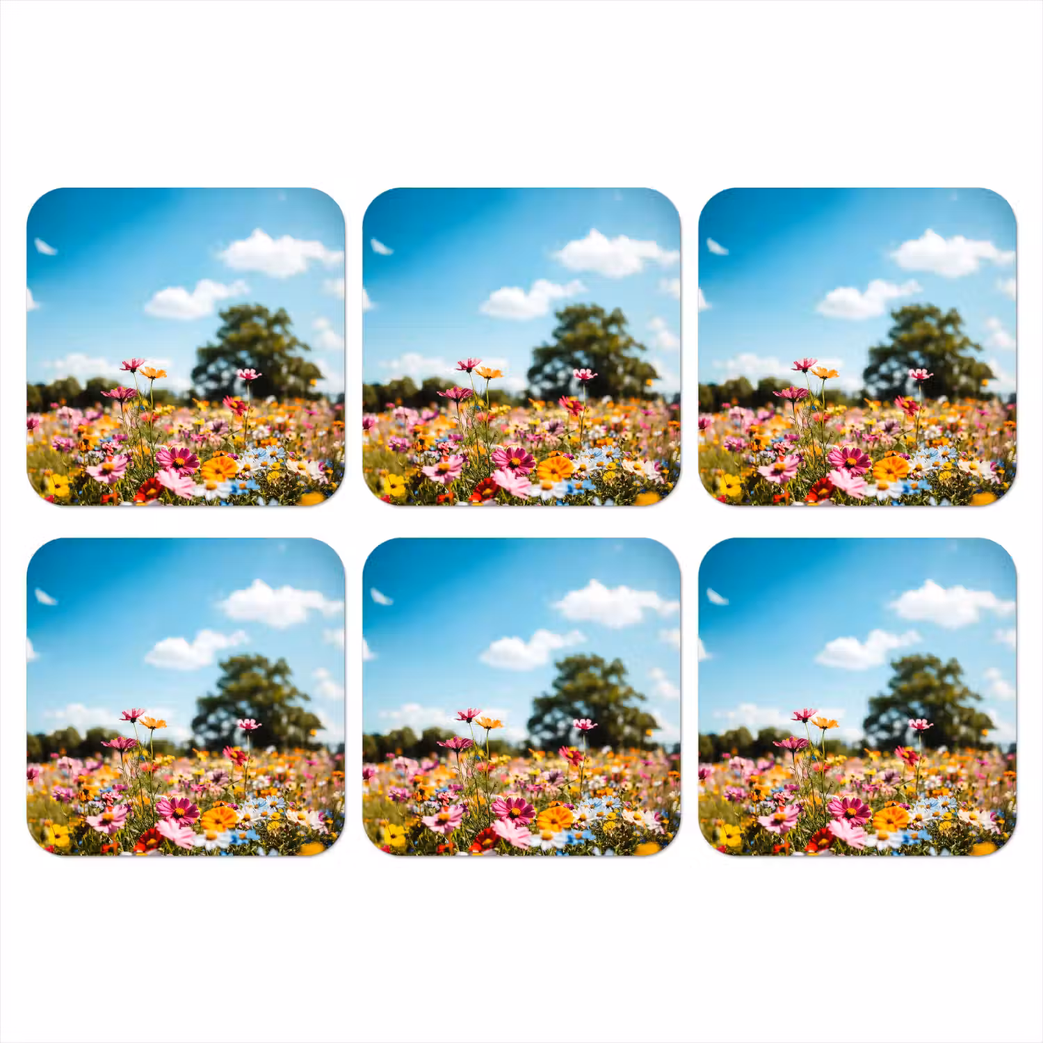 Bloemenweide - Blauw - Lucht - Kleuren onderzetter kurk middel -3d
