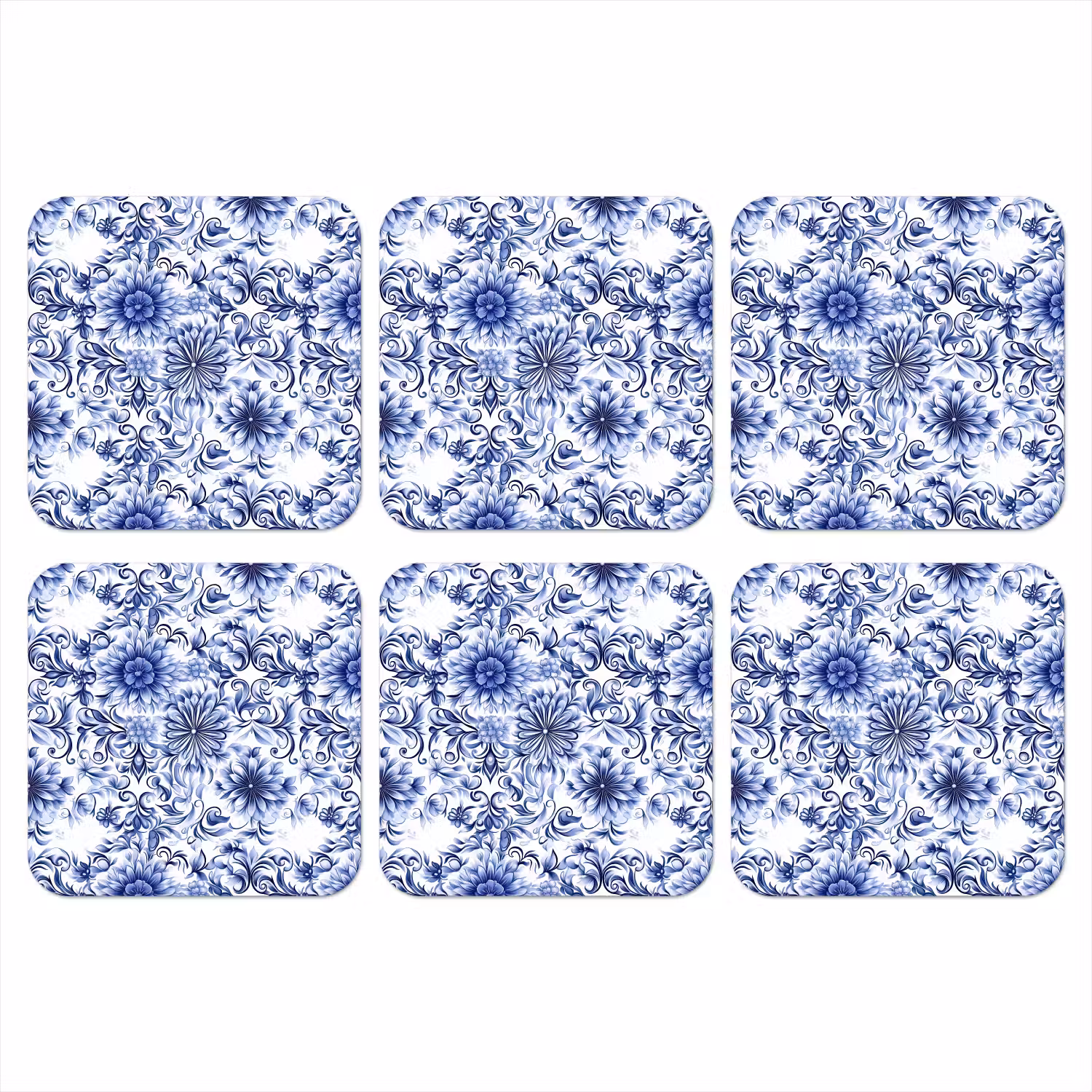 Bloemen - Blauw - Patroon - Wit onderzetter kurk middel 366 -3d