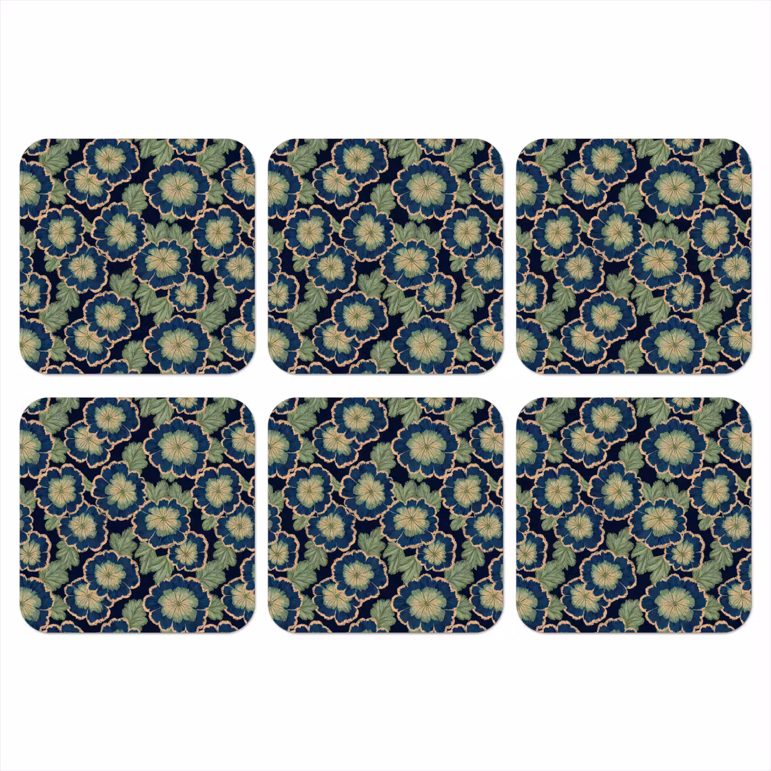 Bloemen - Borduurwerk - Patroon - Blauw - Groen onderzetter kurk middel 366 -3d