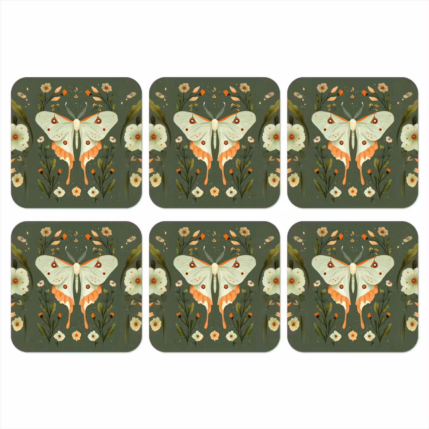 Bloemen - Bladeren - Olijfgroen - Vlinder onderzetter kurk middel -3d