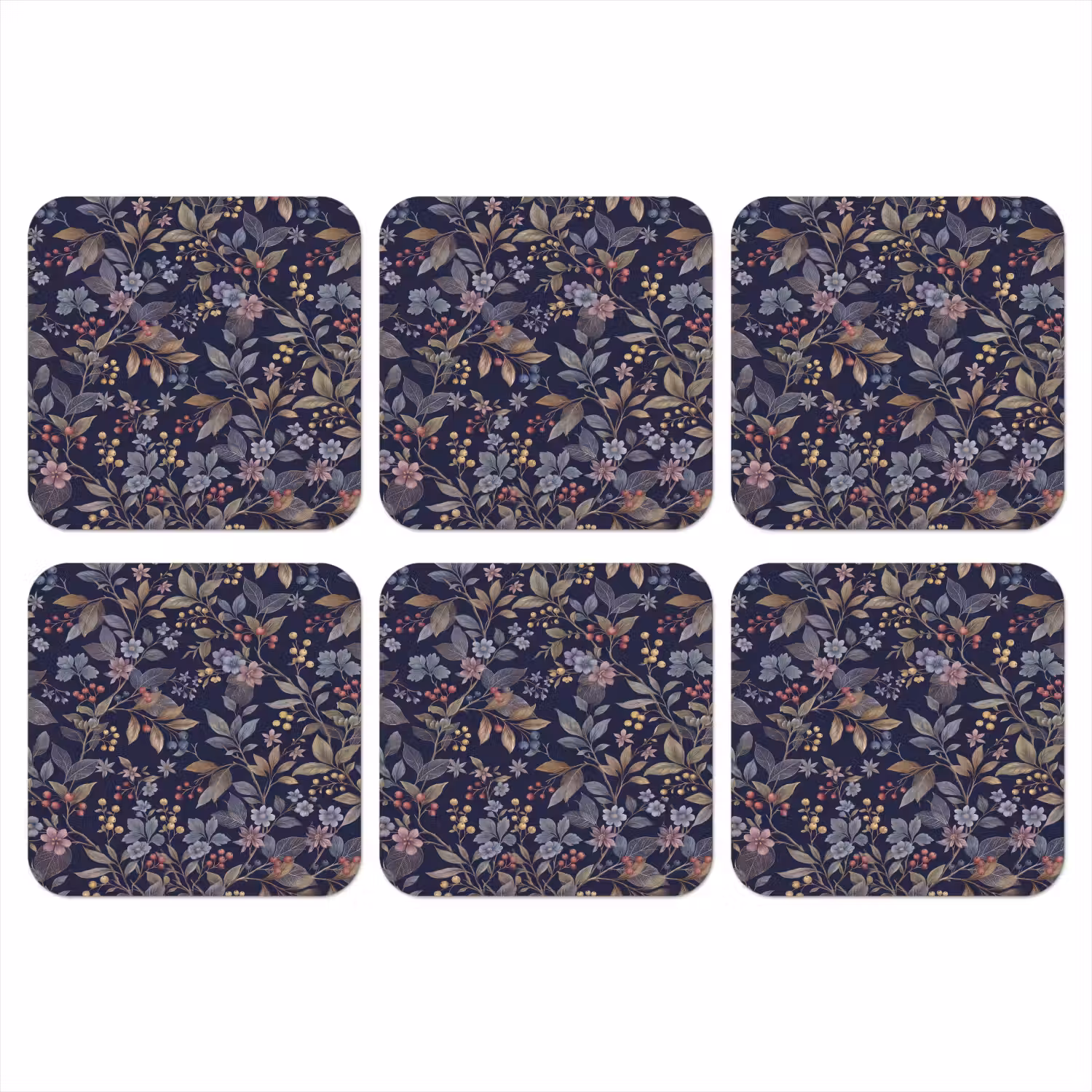 Bloemen - Bladeren - Patroon - Botanisch - Donkerblauw onderzetter kurk middel -3d