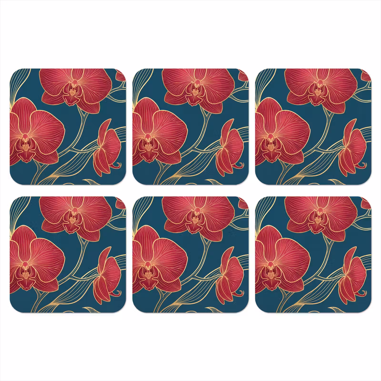 Coaster - Flowers - Red - Gold - Bloemen - Rood - Goud onderzetter kurk middel